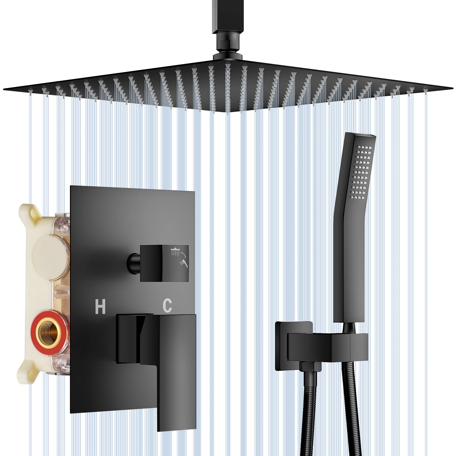12 Inch Matte Black High Pressure Shower Head Combo Set - Rain Shower & Handheld Dual System with Ceiling Mount, Rough-in Valve & Trim - Perfect for Modern Bathroom Renovation & Spa-like Shower Experience