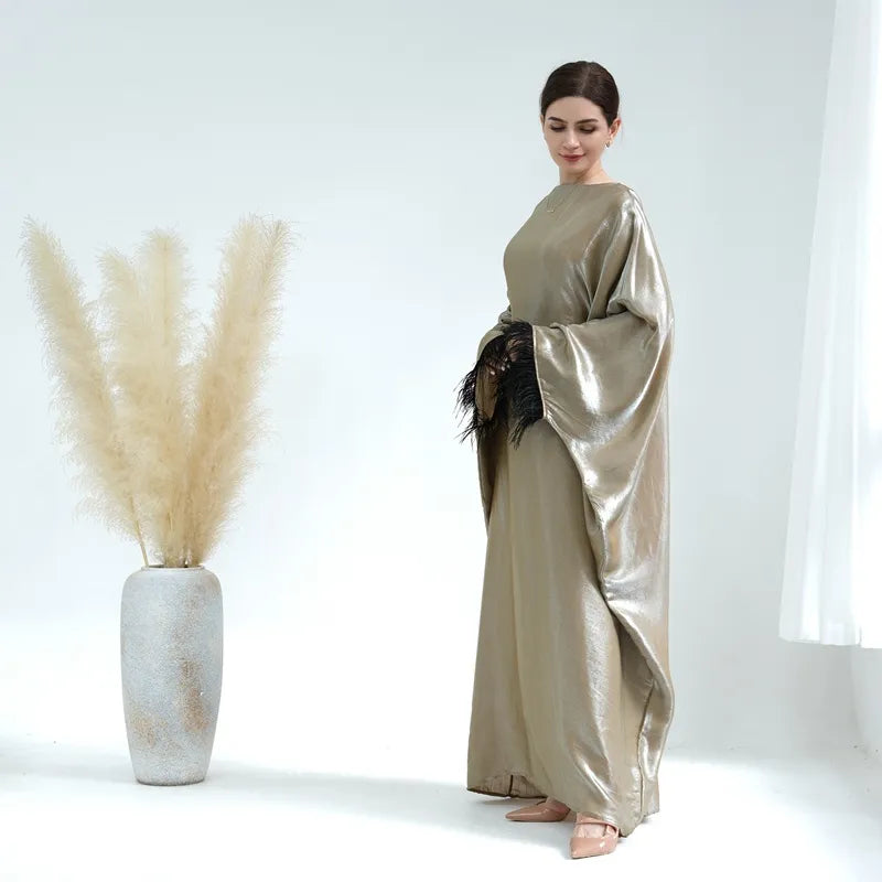 Elegant Muslim Women's Feather Sleeve Abaya Dress - Soft Nylon Cotton Blend - Perfect for Prayer, Eid Celebrations & Modest Fashion
