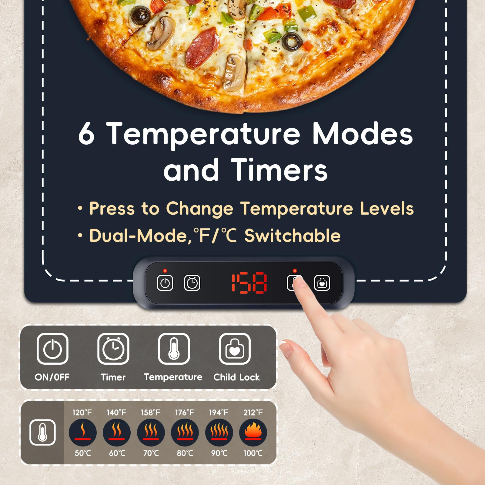 6-Temperature Adjustable Silicone Electric Food Warming Mat with Timer & Safety Lock - Full Surface Heating Buffet Warmer with Auto Shut-Off for Parties, Catering & Home Entertaining