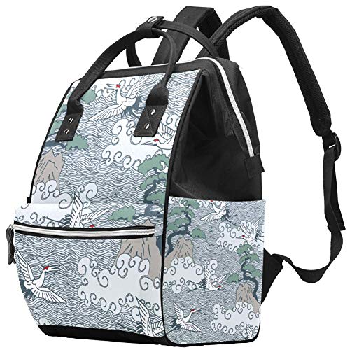 Shiny Flying Crane & Pine Diaper Backpack - Waterproof Multi-Functional Baby Care Bag with Cooler Pocket & Tissue Holder - Perfect for Travel, Daycare & Outdoor Adventures