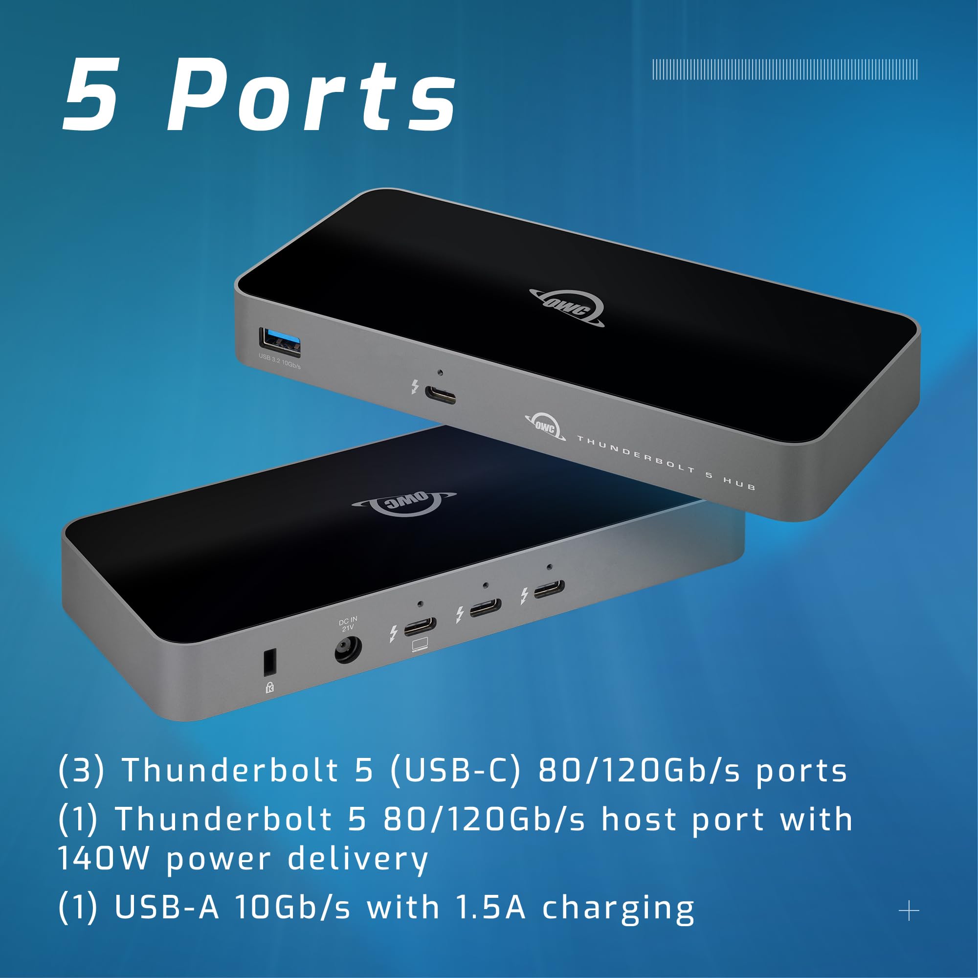 OWC Thunderbolt 5 Hub with 3 Ports - 80/120Gb/s Speed, 140W Power Delivery, Supports 3x 8K Displays - Compatible with Mac, PC, Thunderbolt 5/4/3 & USB4 - Perfect for Home Office, Video Editing & Gaming Setup