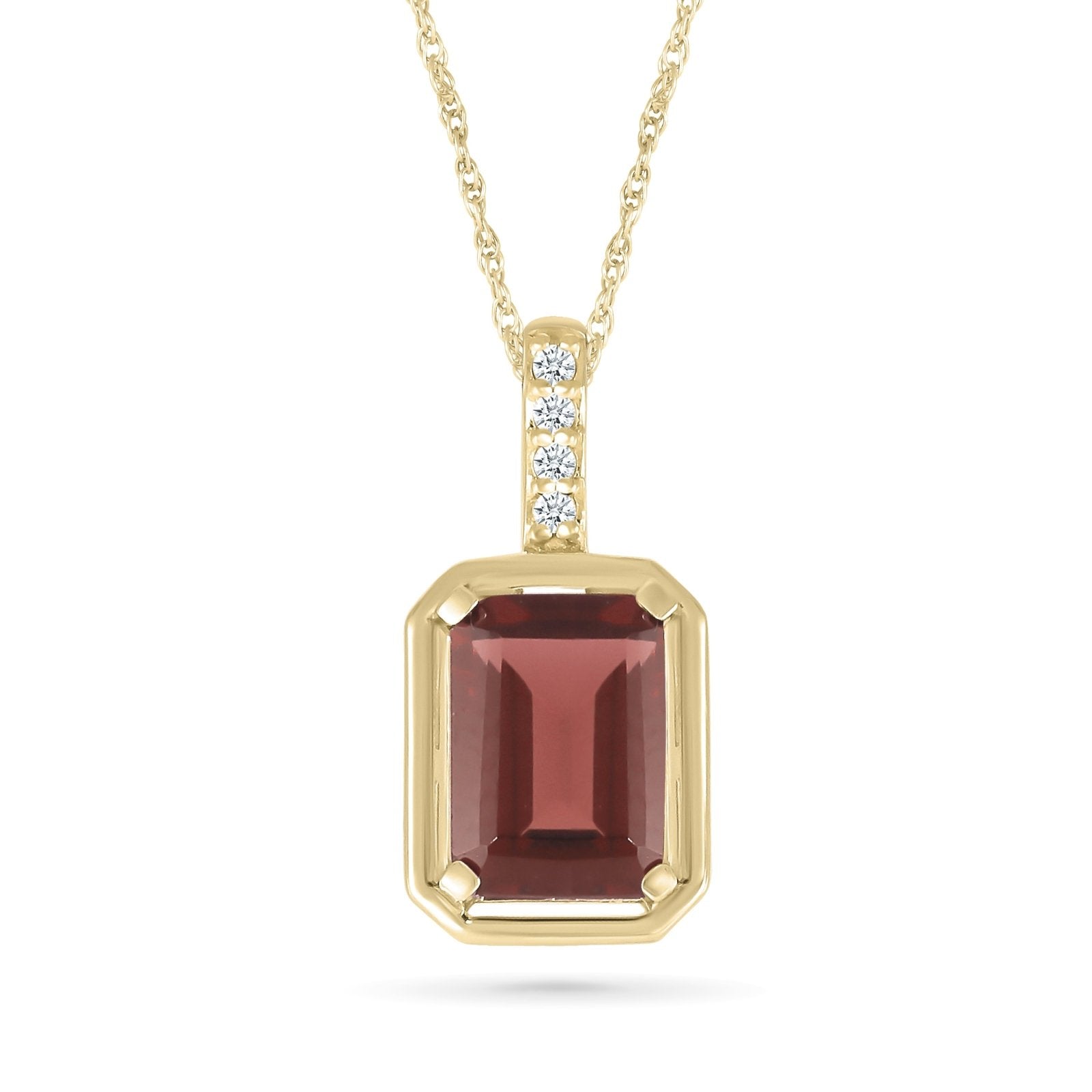 10k Yellow Gold Emerald Cut Garnet Pendant with White Sapphire Bail - Elegant Bezel Set Jewelry for Women, Perfect Gift for Anniversary, Birthday & Special Occasions