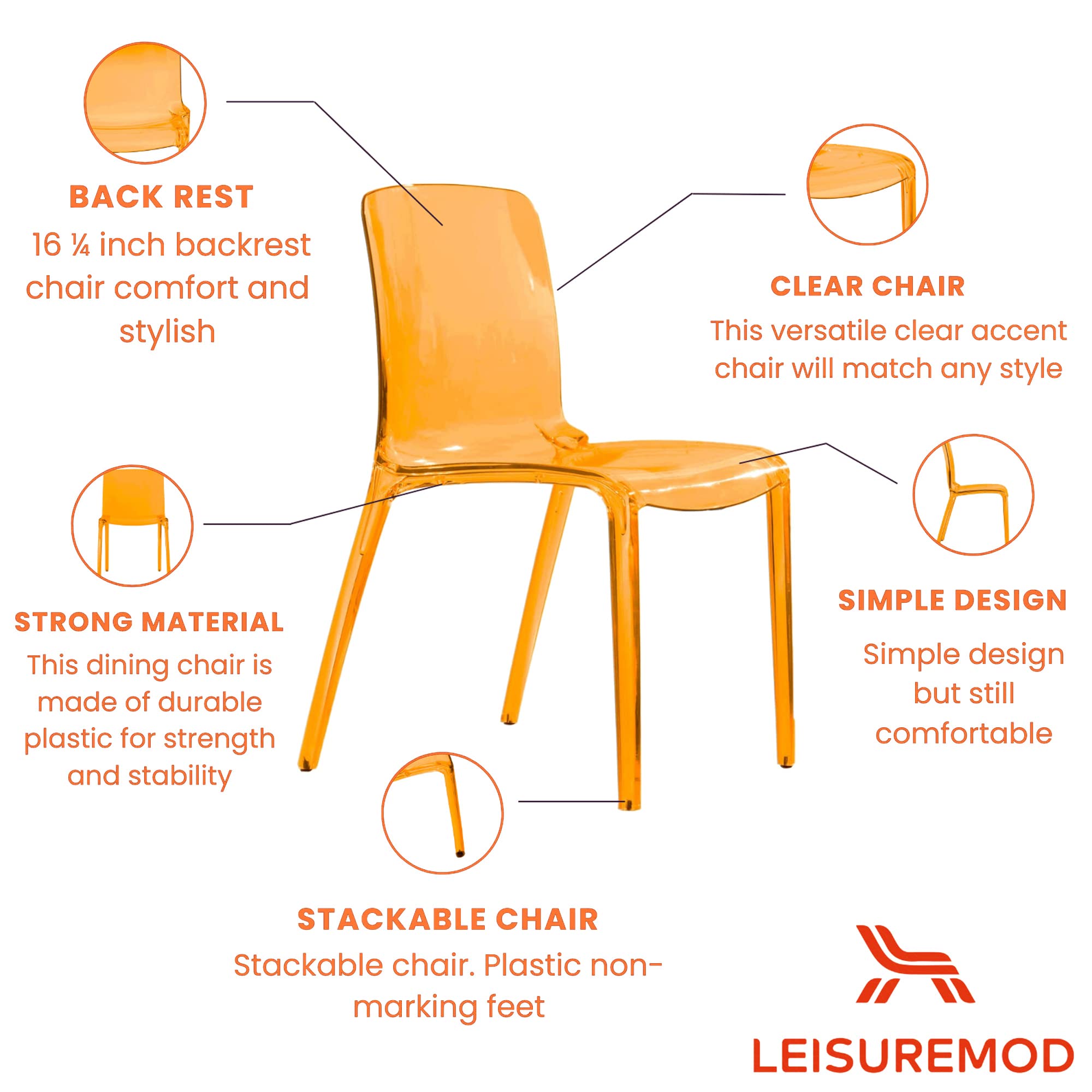 LeisureMod Adler Mid-Century Modern Dining Chair - Transparent Orange Acrylic Contemporary Design for Kitchen, Dining Room & Home Decor | Perfect for Modern Dining Sets, Breakfast Nooks & Stylish Interior Design