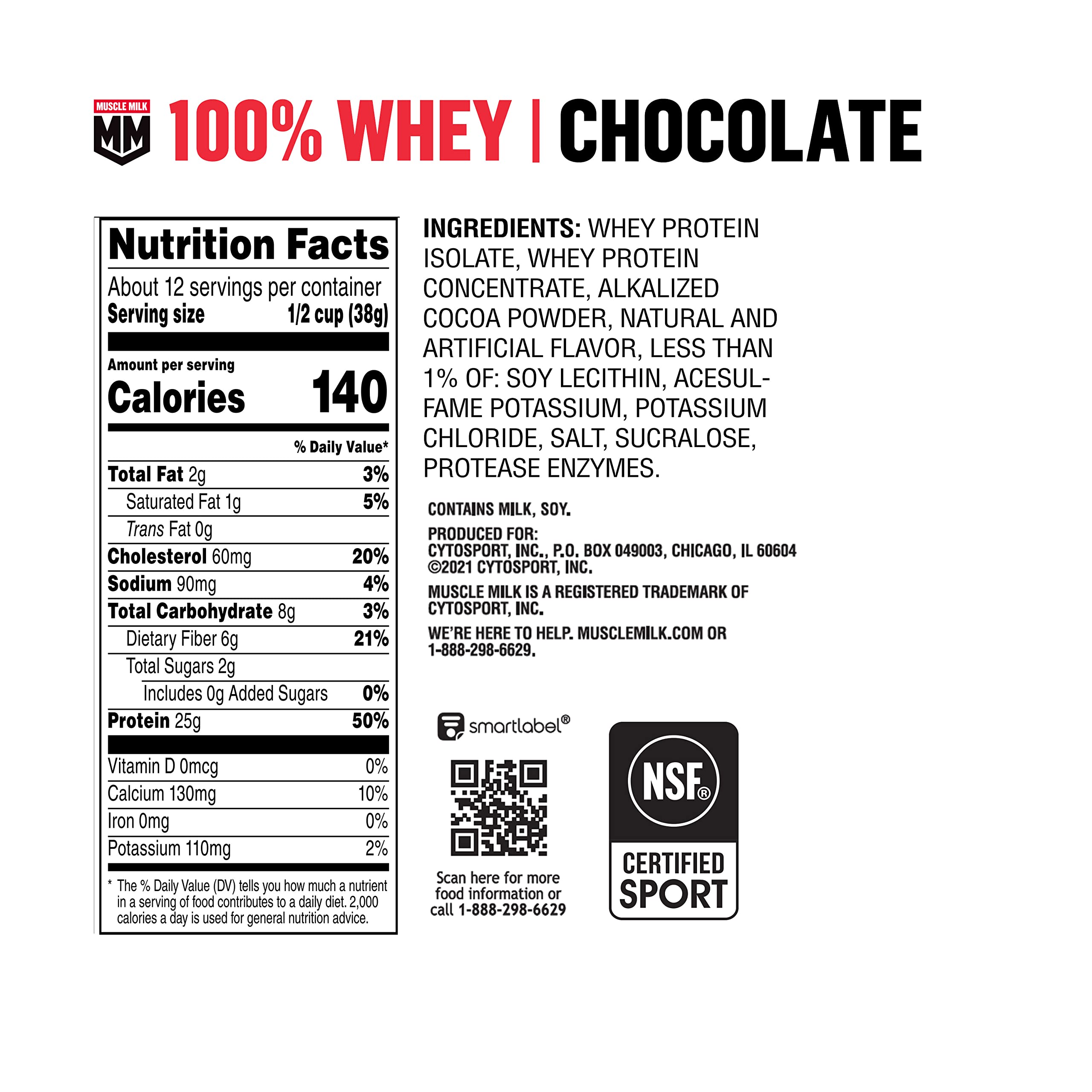 Muscle Milk 100% Whey Protein Powder - Chocolate Flavor, 5lb (66 Servings) | 25g Protein, 2g Sugar, Low Fat | NSF Certified for Sport | Post-Workout Recovery & Energy Boost | Great for Gym, Bodybuilding & Healthy Lifestyle | Packaging May Vary