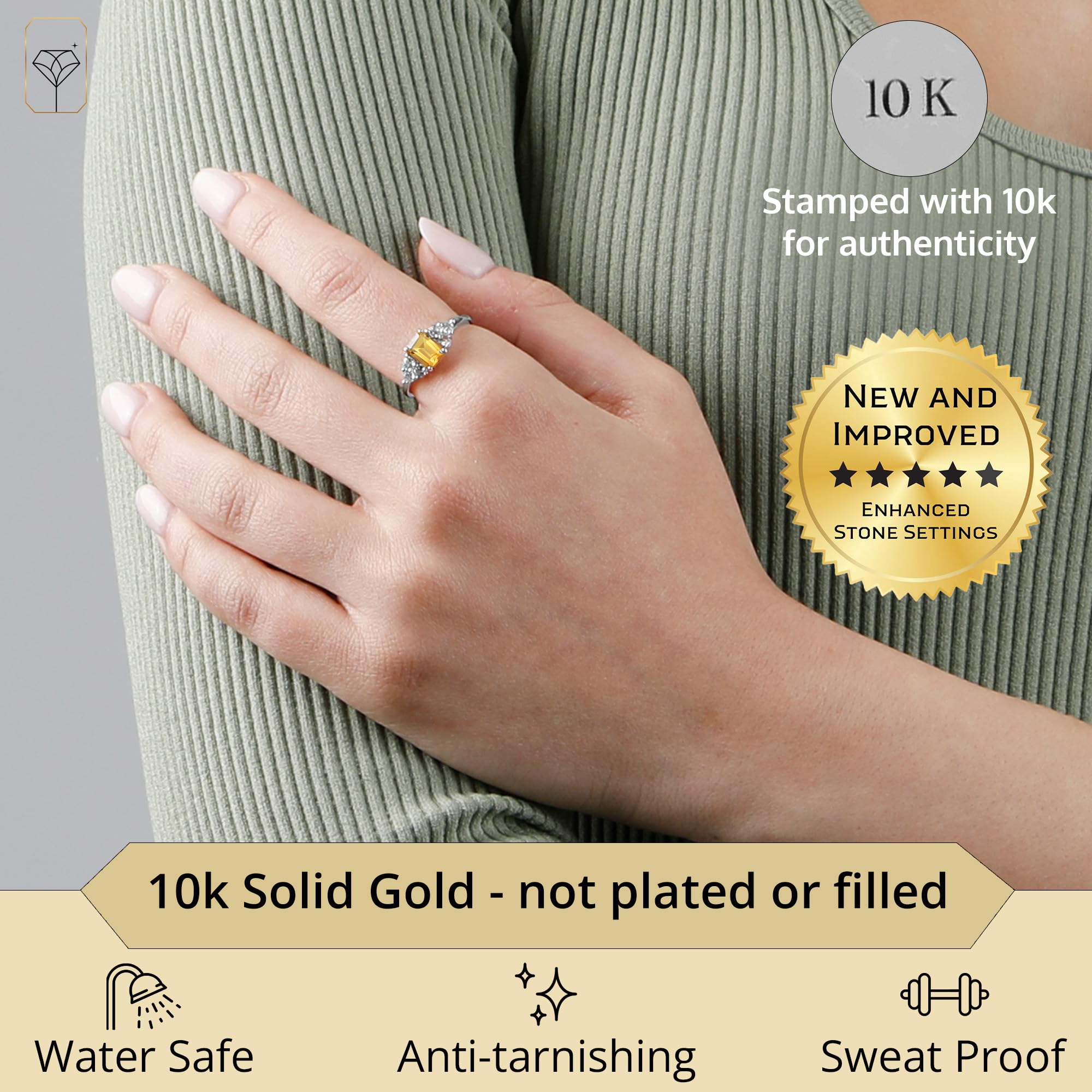 10K Gold Emerald Cut Birthstone Rings for Women - Genuine Gemstone Anniversary & Cocktail Rings | Anti-Tarnish Jewelry Gift Set with Box (Size 5-9) | Perfect for Weddings, Parties & Special Occasions