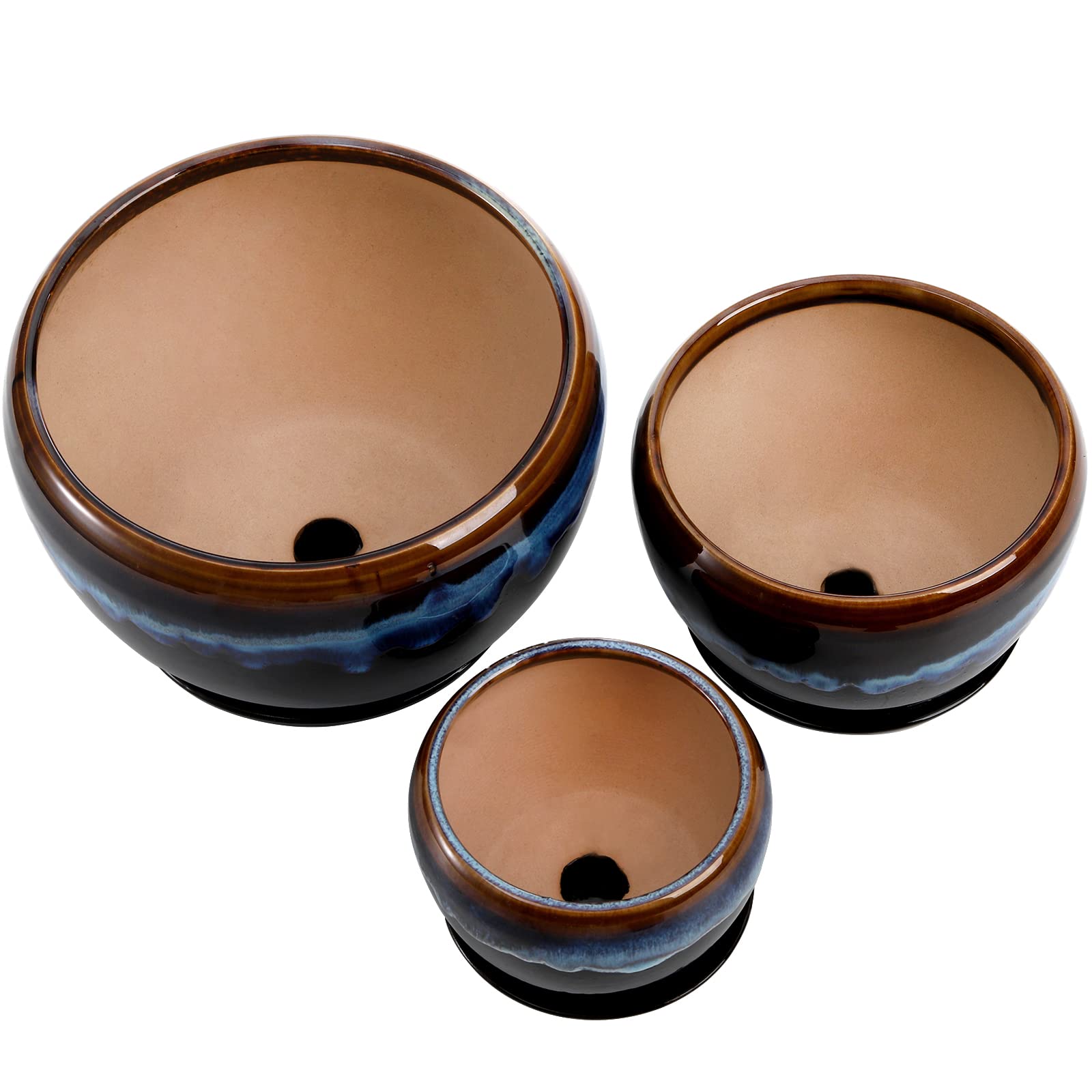 AVLA 3 Pack Ceramic Flower Pots with Drainage Hole & Saucer - Rustic Glazed Planters for Succulents, Herbs, Cactus, Orchid - Indoor Gardening, Home Office & Desktop Decor - Perfect for Windowsill, Kitchen Counter, and Living Room Display