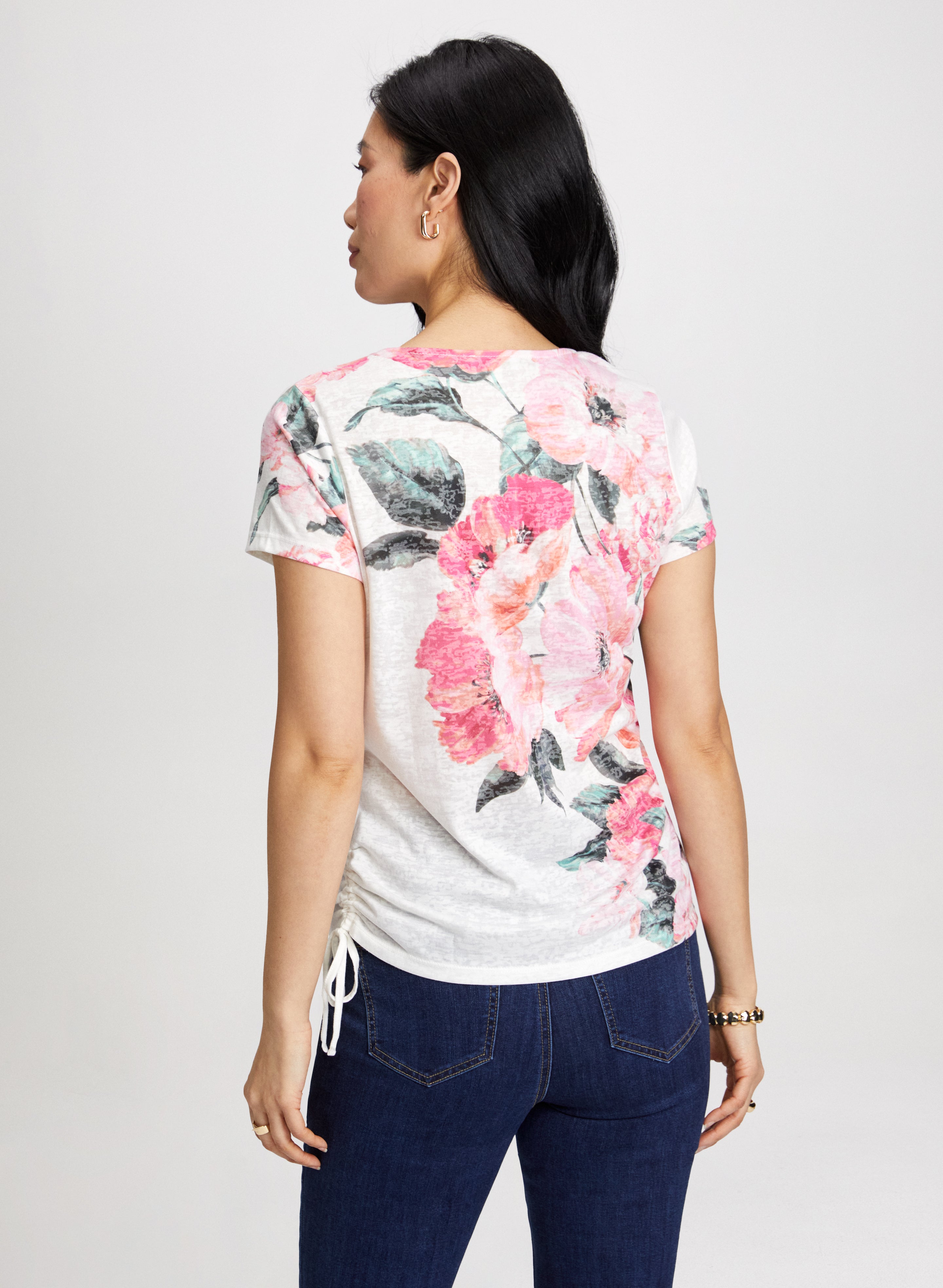 Floral Print Drawstring T-Shirt for Women - Casual Summer Blouse with Adjustable Waist - Perfect for Beach, Vacation & Outdoor Activities