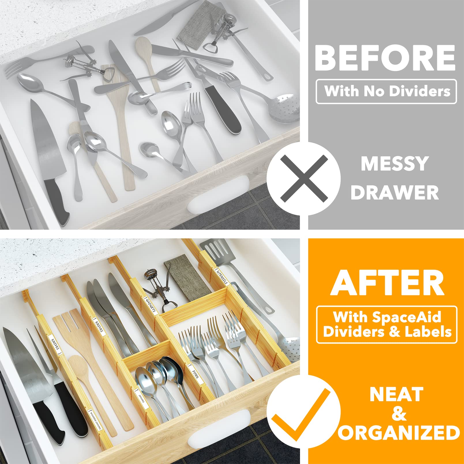 SpaceAid Bamboo Drawer Organizers with Dividers and Labels - 4 Pack Drawer Organizer Set with 9 Adjustable Inserts (Fits 17-22 Inch Drawers) - Perfect for Kitchen Utensils, Office Supplies, and Bag Storage Organization