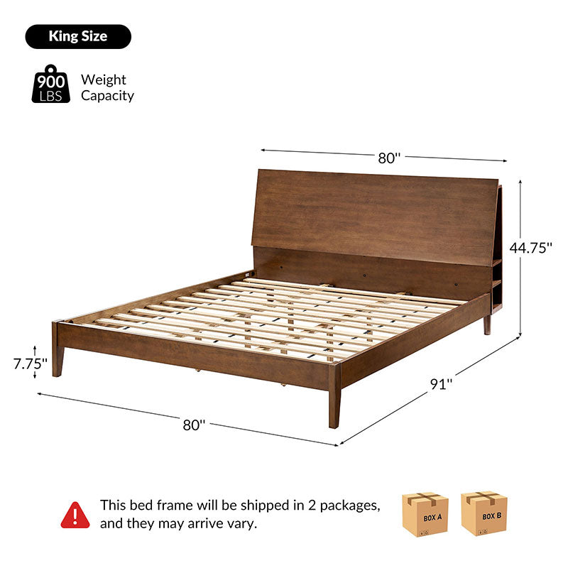 Vivian Solid Wood Queen Platform Bed Frame with USB Ports & Underbed Storage | Modern Minimalist Design for Bedroom, Guest Room, Dorm | Easy Assembly & Sturdy Support