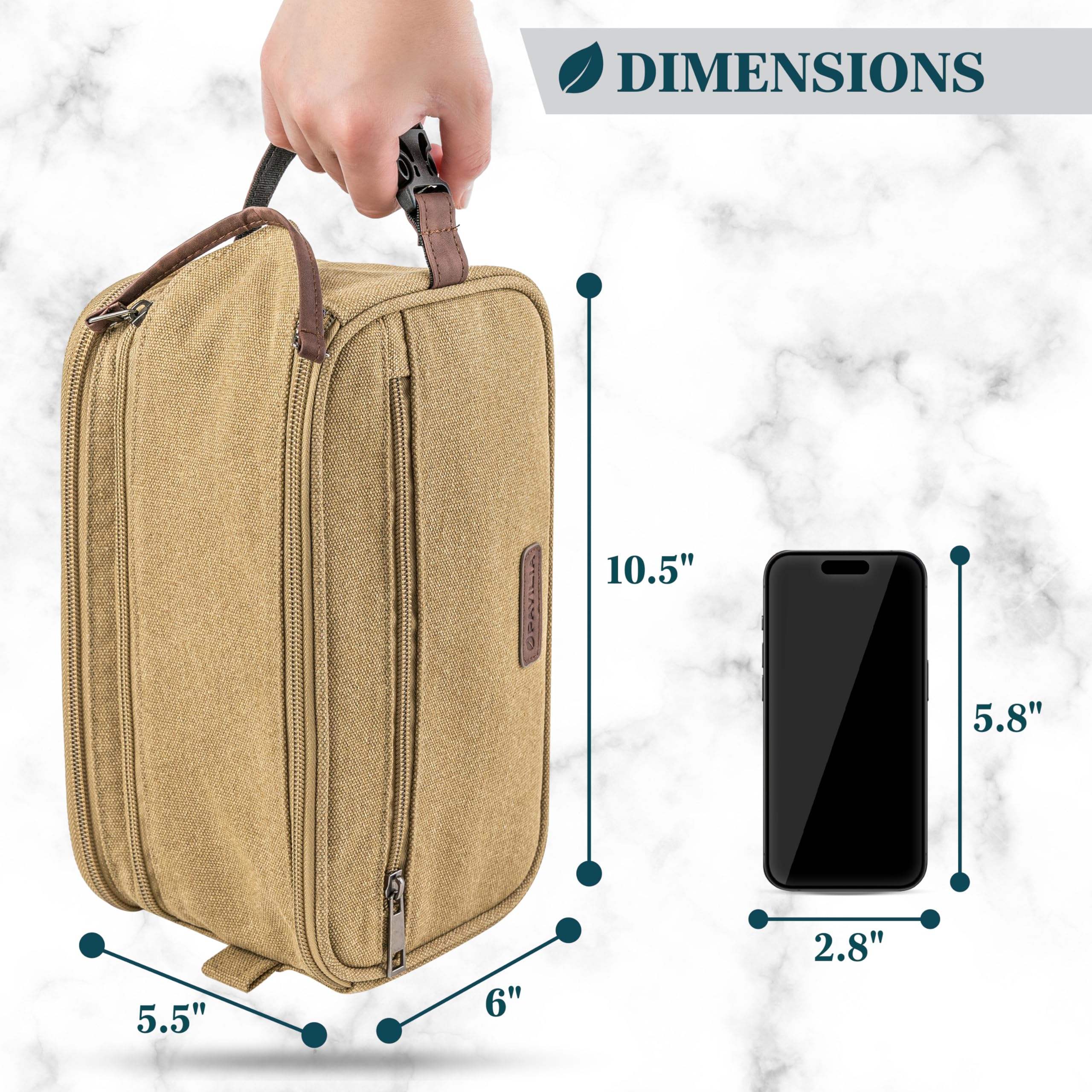PAVILIA Men's Waterproof Canvas Toiletry Bag - Travel Dopp Kit & Shaving Kit Organizer with Multiple Pockets (Tan Khaki) - Ideal for Business Trips, Gym, Camping & Vacation Essentials Storage