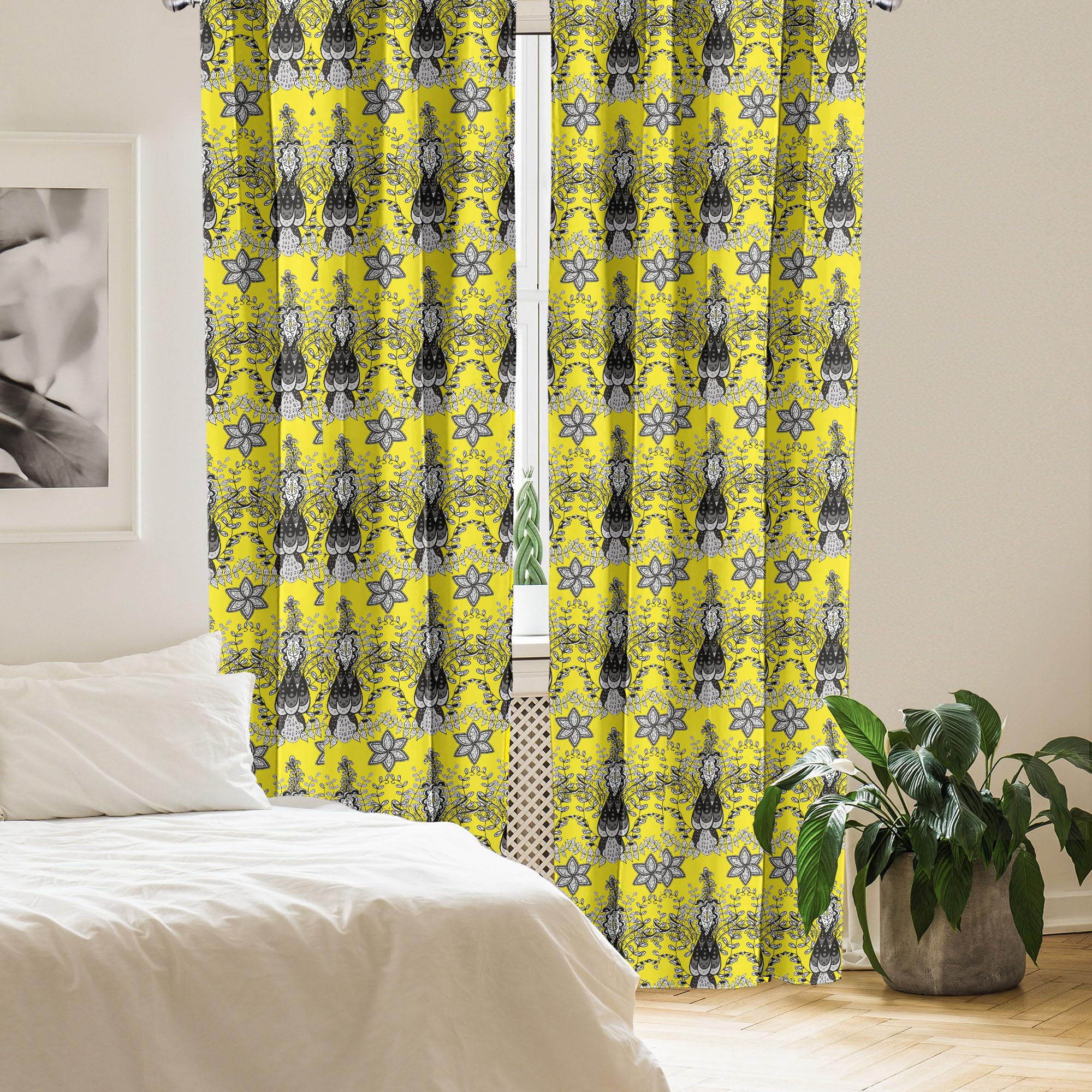 Ambesonne Grey and Yellow Curtains - Oriental Paisley Floral Design with Ivy Swirls - 2 Panel Window Treatments for Living Room & Bedroom - 28
