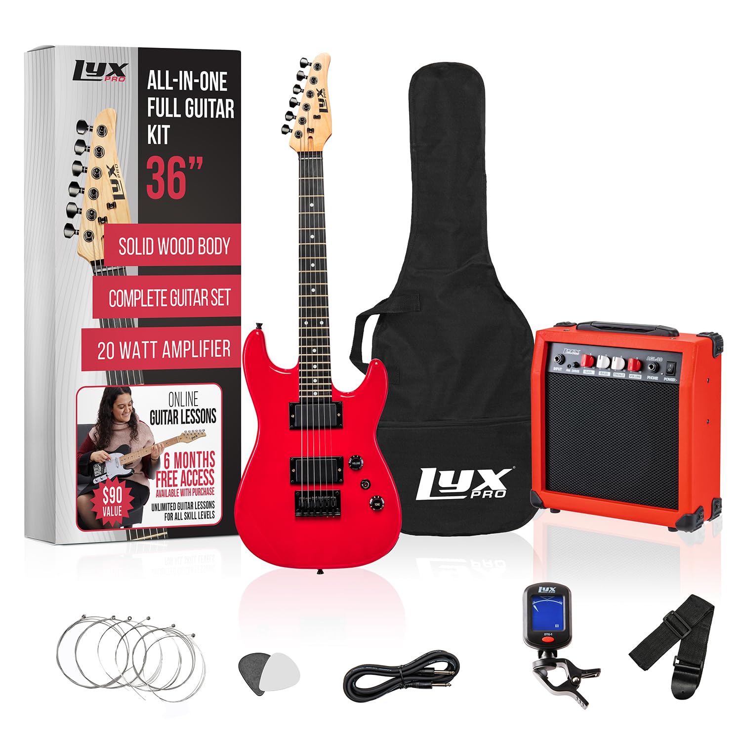 LyxPro 36 Inch 3/4 Size Electric Guitar Starter Kit for Kids & Beginners - Includes Amp, 6 Strings, 2 Picks, Shoulder Strap, Digital Tuner, Cable & Gig Bag (Red) - Perfect for Learning, Practice & Home Performances