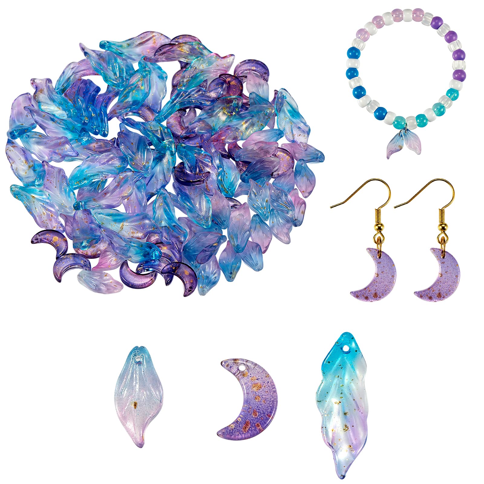 120-Piece Gold Foil Leaf Glass Charms Set - Colorful Moon Pendants for DIY Jewelry Making (Necklace, Bracelet, Earrings) - Perfect for Handmade Crafts, Boho Accessories & Gift Giving
