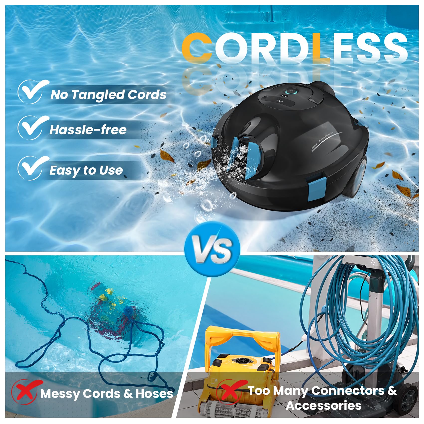 Cordless Robotic Pool Cleaner - Automatic Powerful Pool Vacuum with 90 Min Runtime & Self-Parking | Ideal for Flat Above/In-Ground Pools up to 65 Feet | Perfect for Backyard, Vacation Homes & Commercial Pools