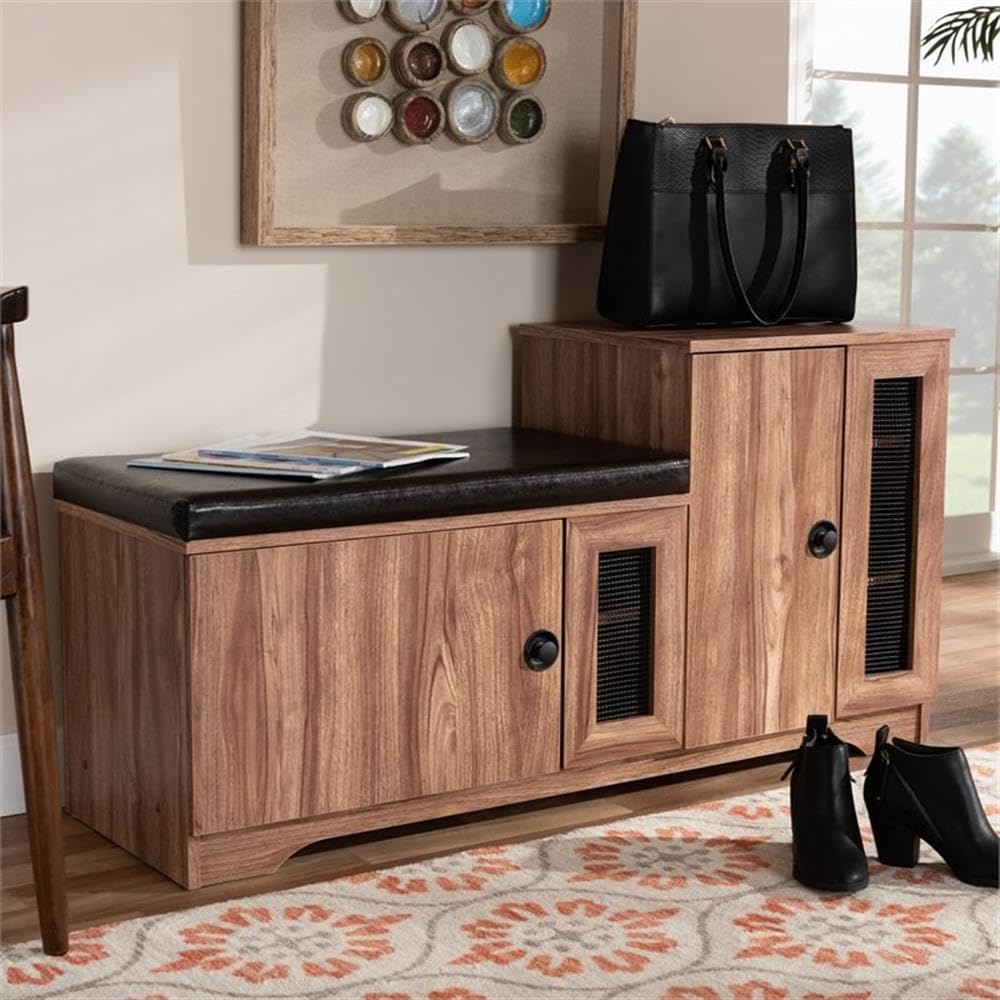 BOWERY HILL Brown Faux Leather 2-Door 5-Shelf Wooden Shoe Storage Bench with Seat - Organize Shoes, Hats & Accessories in Entryway, Bedroom or Closet