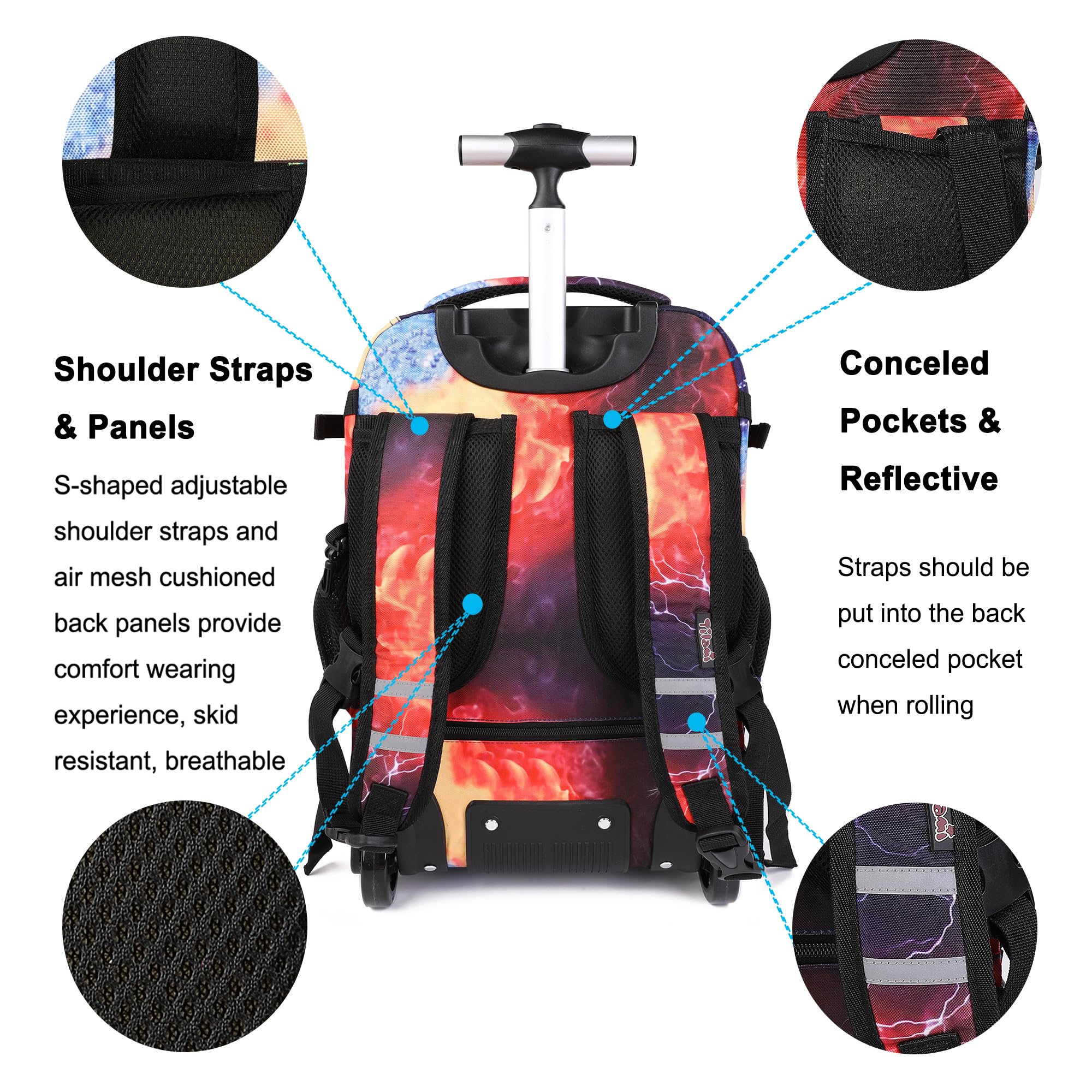 Tilami 19 Inch Rolling Backpack with Lunch Box - Wheeled Laptop Backpack for School & Travel - Durable Rugby Black Design - Perfect for Students, Commuters & Business Professionals