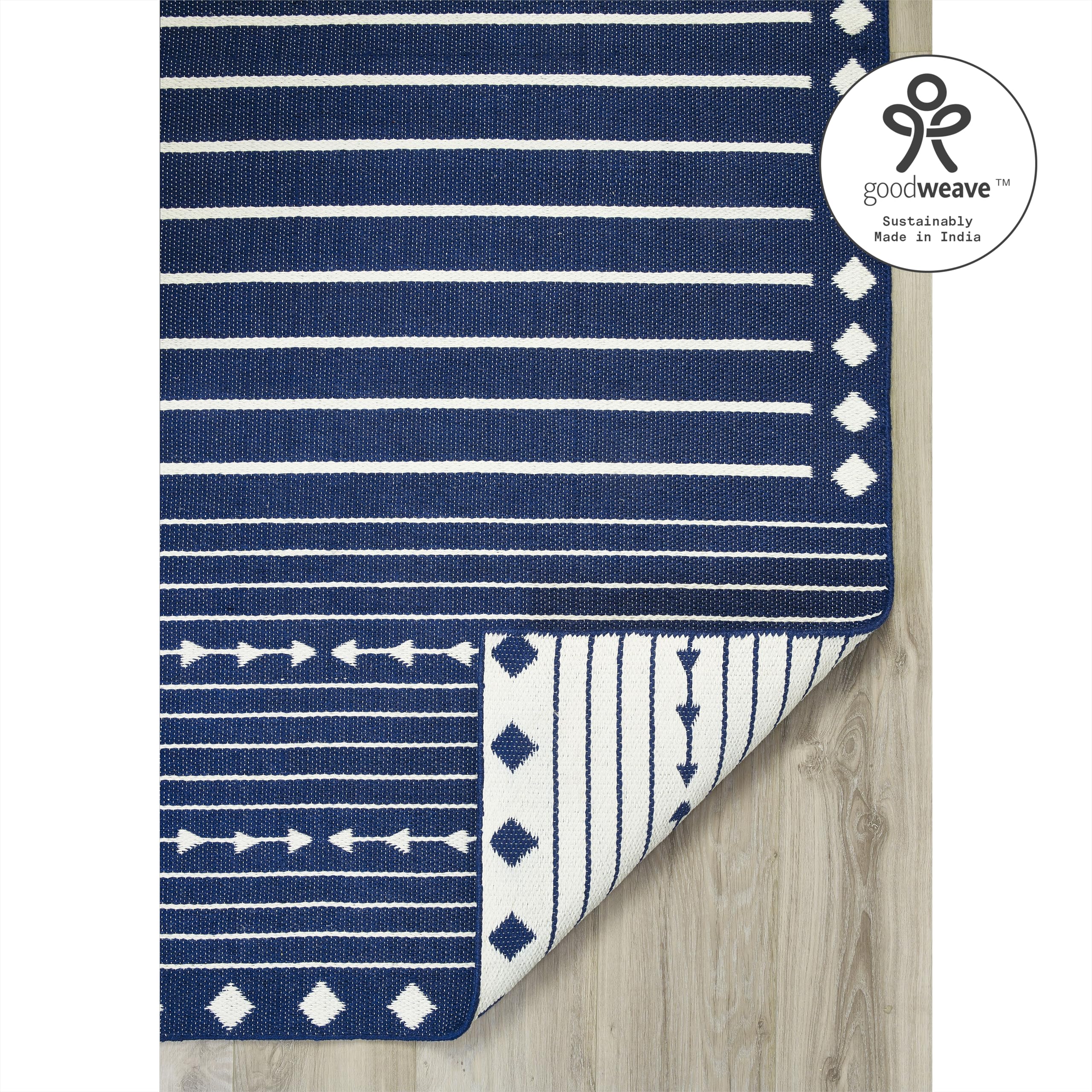 Fab Habitat Machine Washable Area Rug - Hand Woven, Stain & Pet Friendly, Reversible - Premium Recycled Polyester Yarn - Aztec Kilim Design - Navy/White - 4x6 ft - Perfect for Bedroom & Living Room Decor - Durable Floor Covering for High Traffic Areas