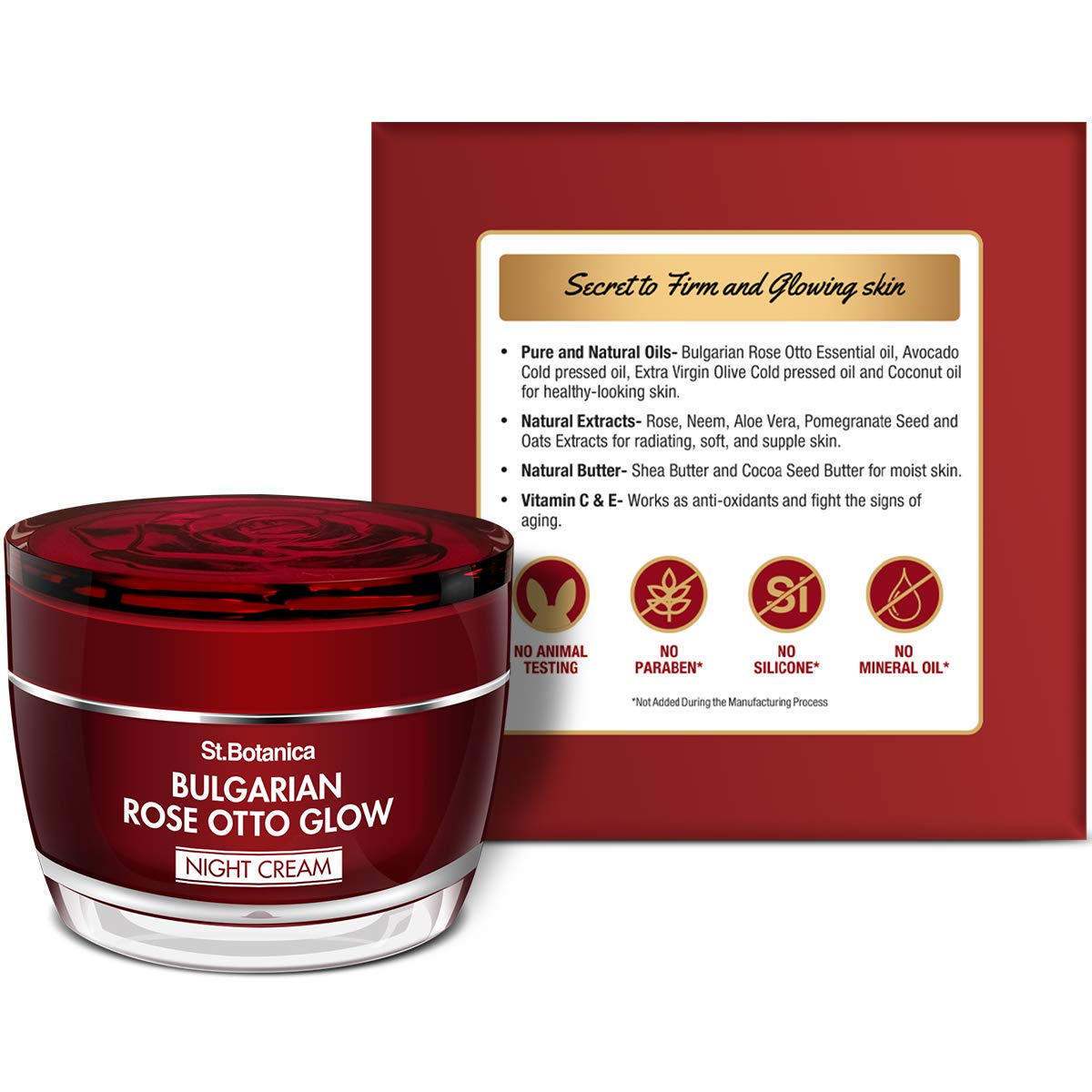 St.Botanica Bulgarian Rose Otto Glow Night Cream 50g - Hydrating Anti-Aging Face Moisturizer with Organic Rose Oil for Dry Skin | Paraben & Sulfate Free | Cruelty-Free Vegan Skincare | Perfect for Nighttime Routine & Reducing Fine Lines