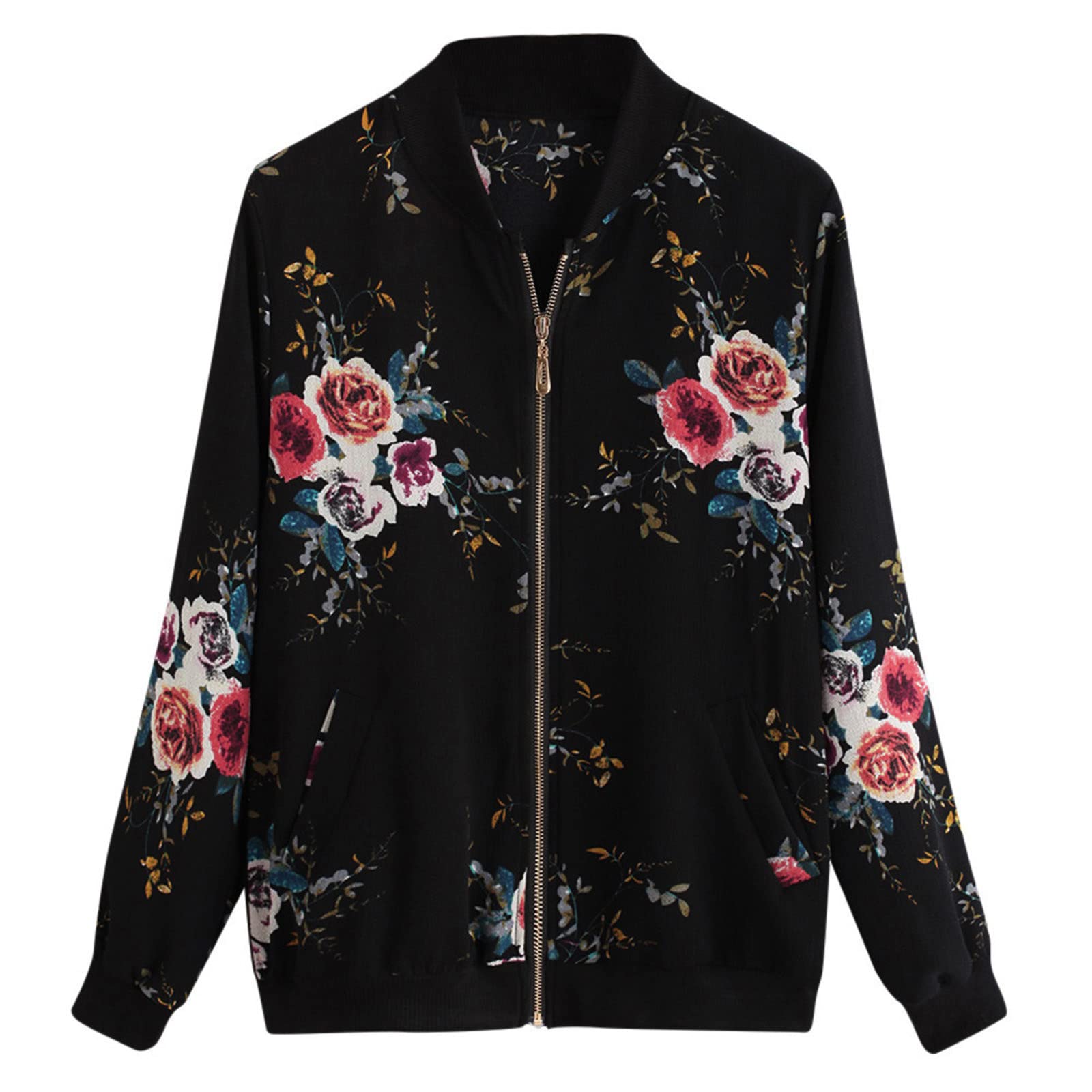 Vintage Floral Print Women's Zip-Up Jacket - Retro Crew Neck Casual Coat for Spring | Perfect for Outdoor Activities, Travel & Daily Wear