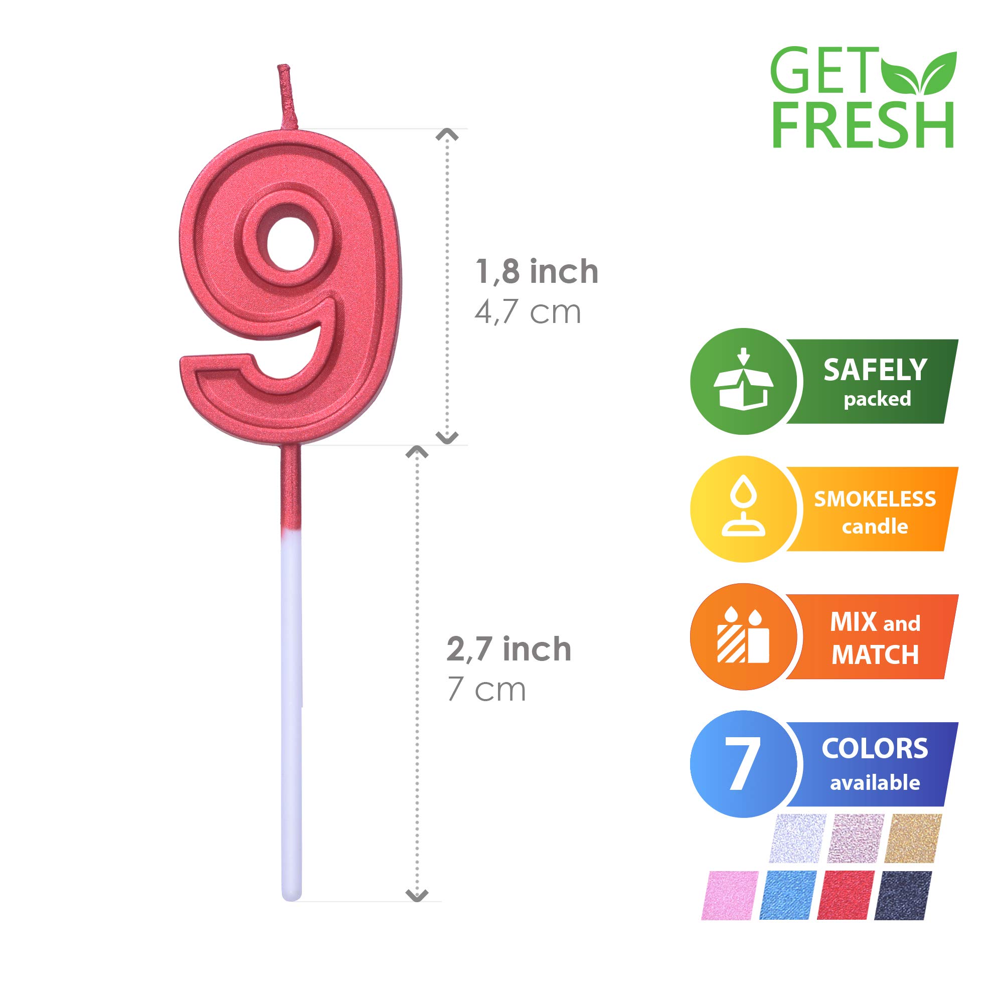 Red Number 9 Birthday Candle on Stick - Elegant Number Nine Candle for Birthday, Anniversary & Wedding Cakes - Perfect 9th Birthday Cake Topper for Kids & Adults - Great for Baby Showers, Graduations & Special Celebrations