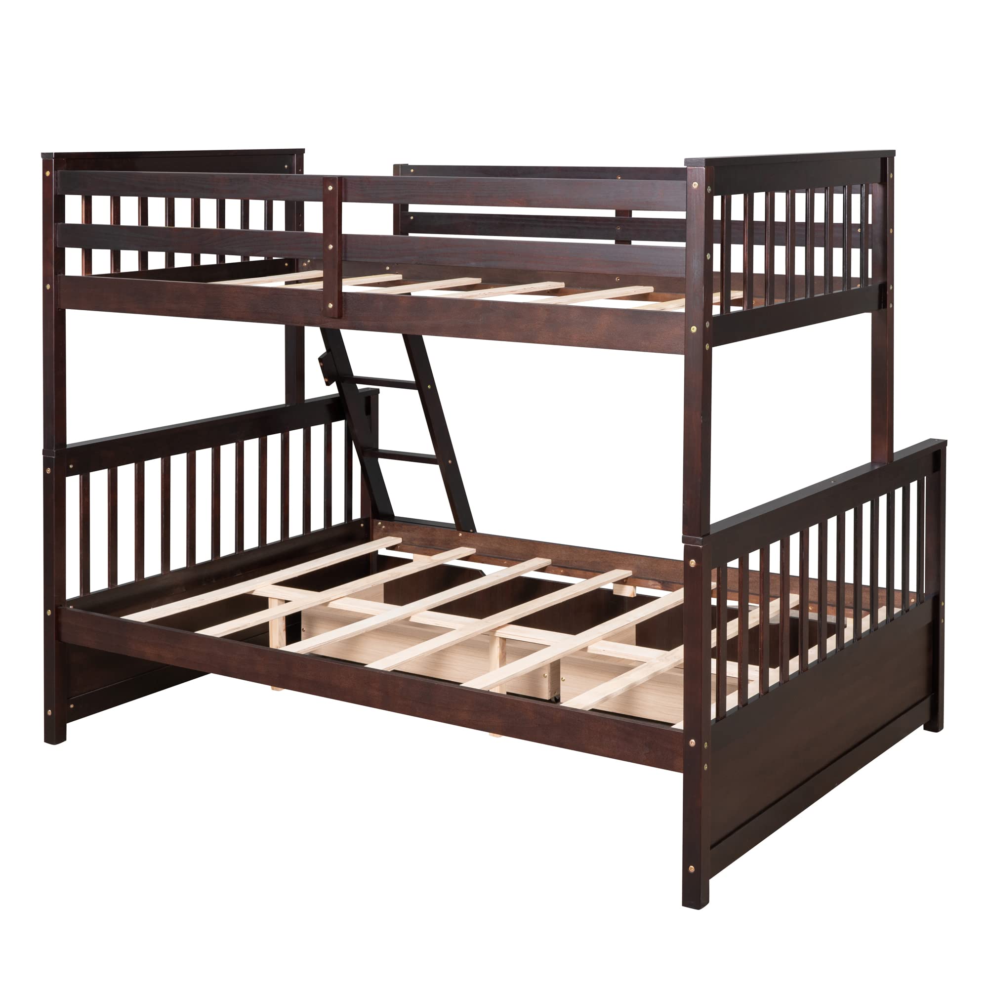 P PURLOVE Twin Over Full Bunk Bed with 2 Storage Drawers - Sturdy Wood Bunk Bed Frame with Ladders, No Box Spring Required, Espresso Finish - Perfect for Kids' Bedroom, Guest Room & Space-Saving Solutions