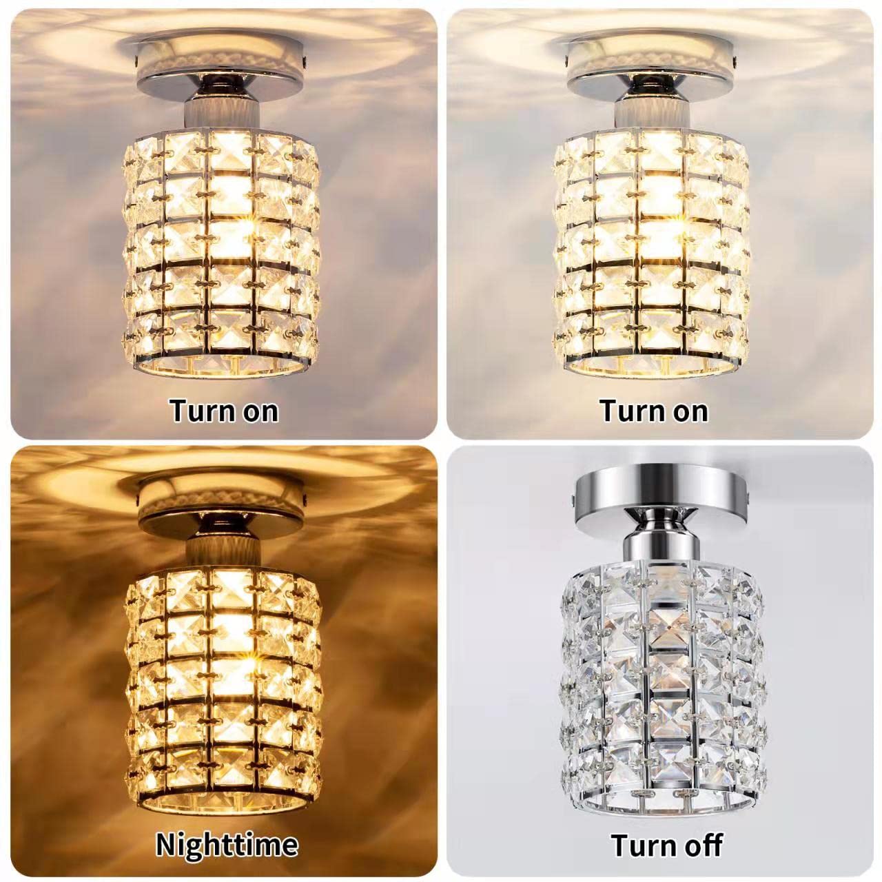 Modern Crystal Semi Flush Mount Ceiling Light Fixture - Small Chandelier Pendant Lamp for Bathroom, Hallway, Cafe, Bar, Porch & Indoor Lighting | Elegant Home & Commercial Decor