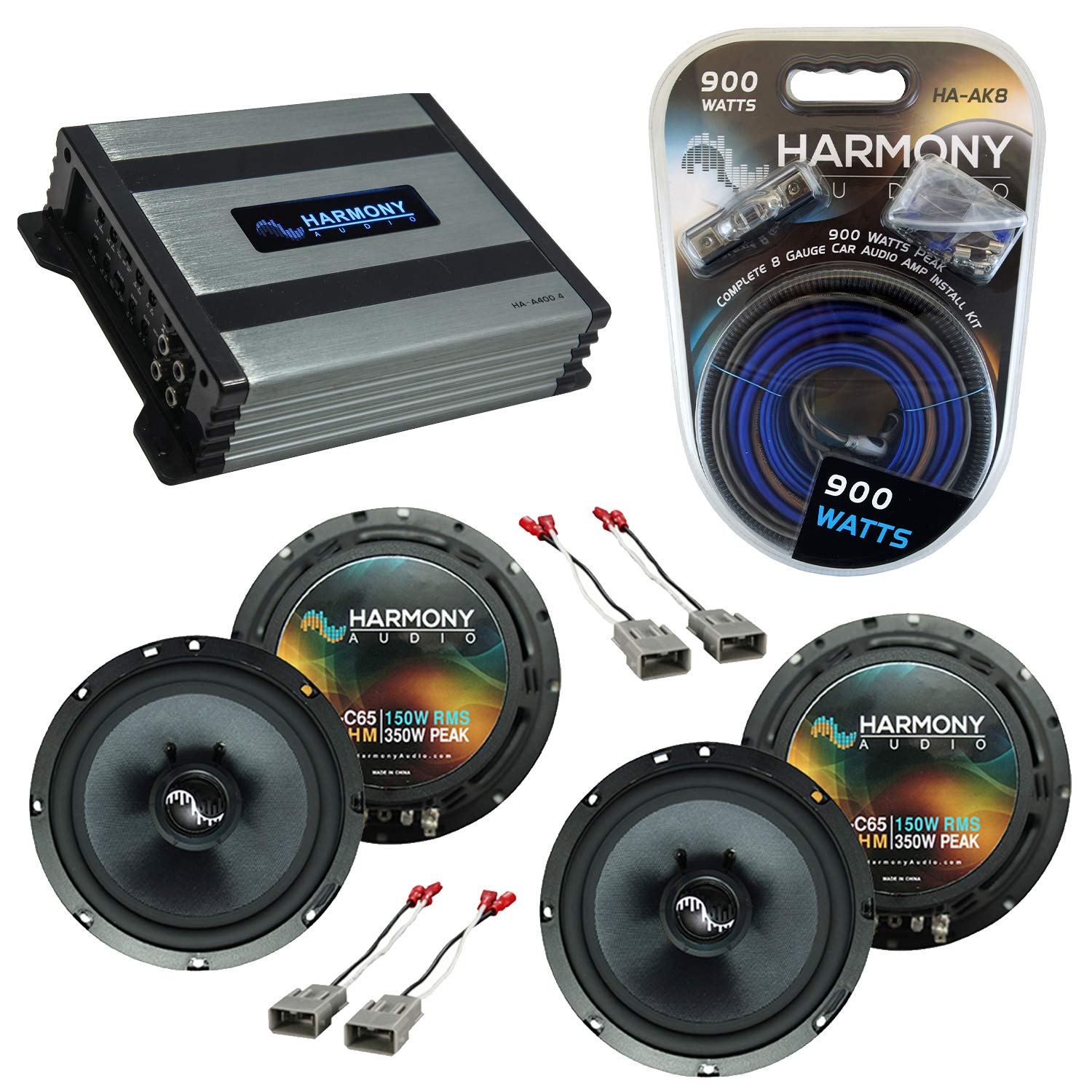 Harmony Audio HA-C65 Car Speaker System Bundle - Compatible with Honda Pilot 2003-2008 | Includes HA-727800 Wiring Harness, HA-AK8 Adapter Kit, HA-A400.4 400W RMS 4-Channel Amplifier & (2) 150W RMS 2-Way Speakers | Perfect for Car Audio Upgrades & Enhanced In-Vehicle Entertainment