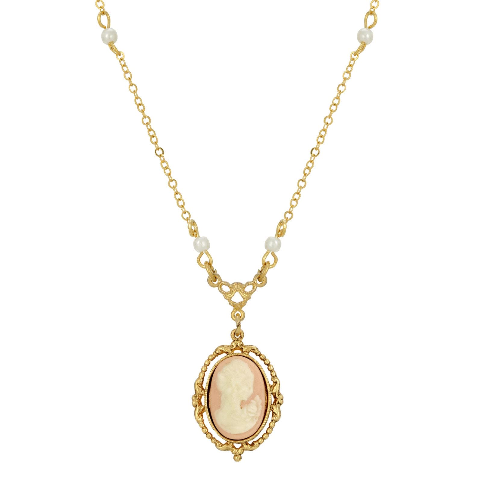 Vintage Gold-Tone Cameo Necklace for Women - Pink Oval Pendant with Faux Pearl Beading, Victorian Queen-Inspired Carved Silhouette, 16