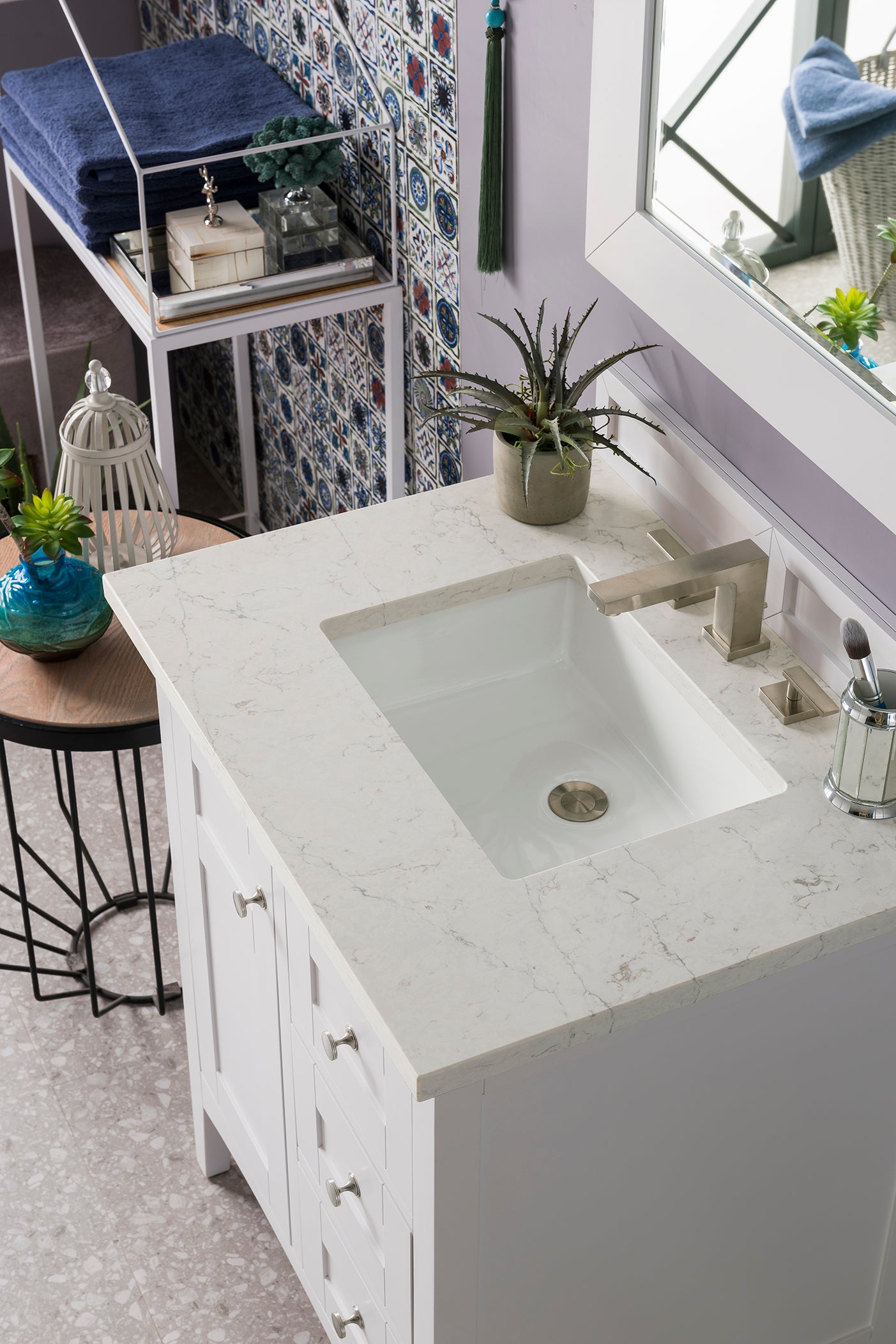 Palisades 30 Inch Single Bathroom Vanity Set with 3CM Eternal Jasmine Pearl Quartz Countertop - Bright White Finish | Perfect for Modern Bathroom Remodeling & Small Space Design
