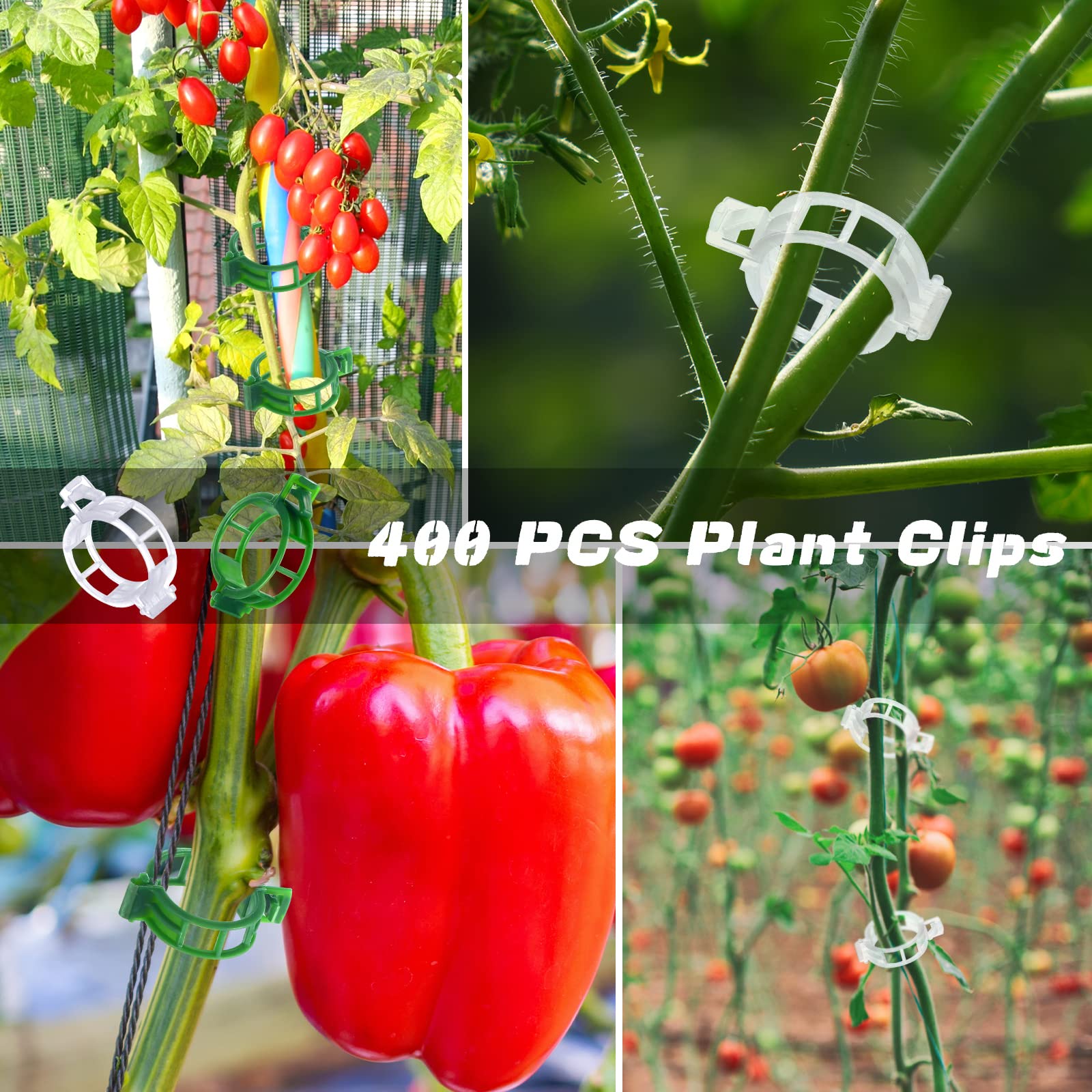 400-Piece Plastic Garden Plant Support Clips - Tomato, Grape Vine & Cucumber Clips - Vegetable Trellis Clips for Upright Growth (White & Green) - Perfect for Home Gardens, Greenhouses & Vertical Farming