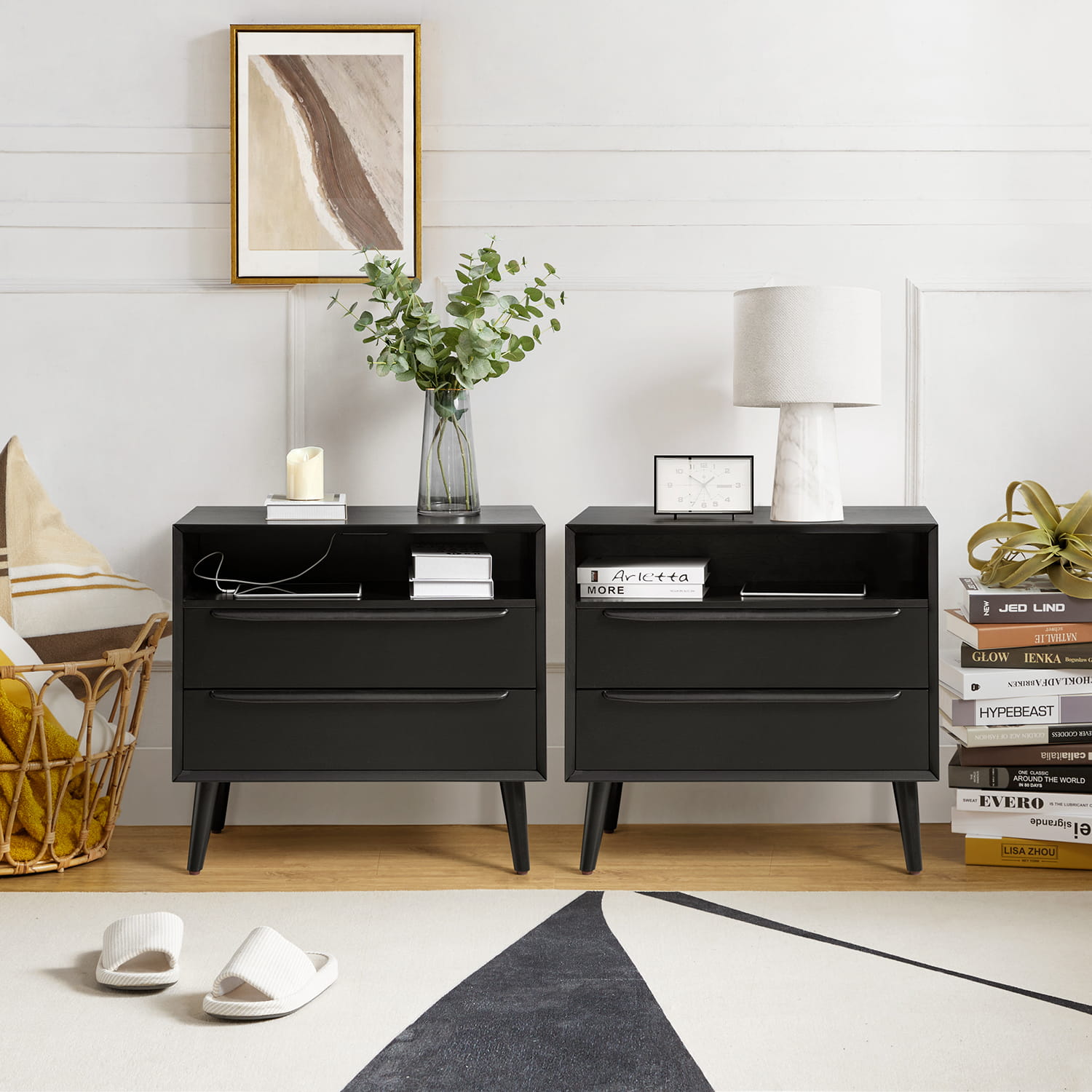 Mid Century Modern Nightstand with 2 Drawers & Built-in USB Outlets - Stylish Bedside Table for Bedroom, Living Room, or Office