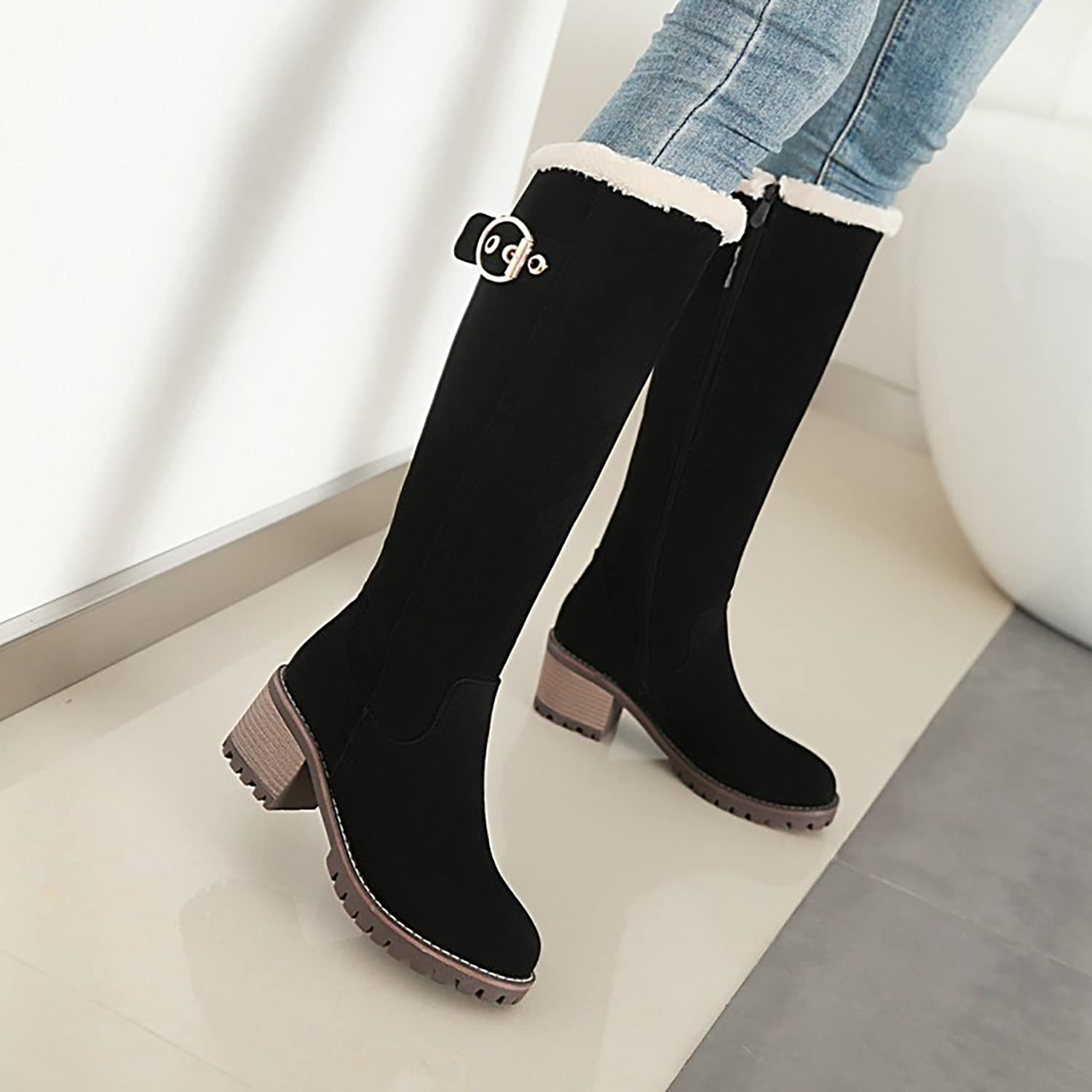 Viuluti Women's Winter Knee High Snow Boots - Warm Fur Lined Waterproof Nubuck Leather Tall Boots with Chunky Heel for Cold Weather, Snow Days & Outdoor Activities