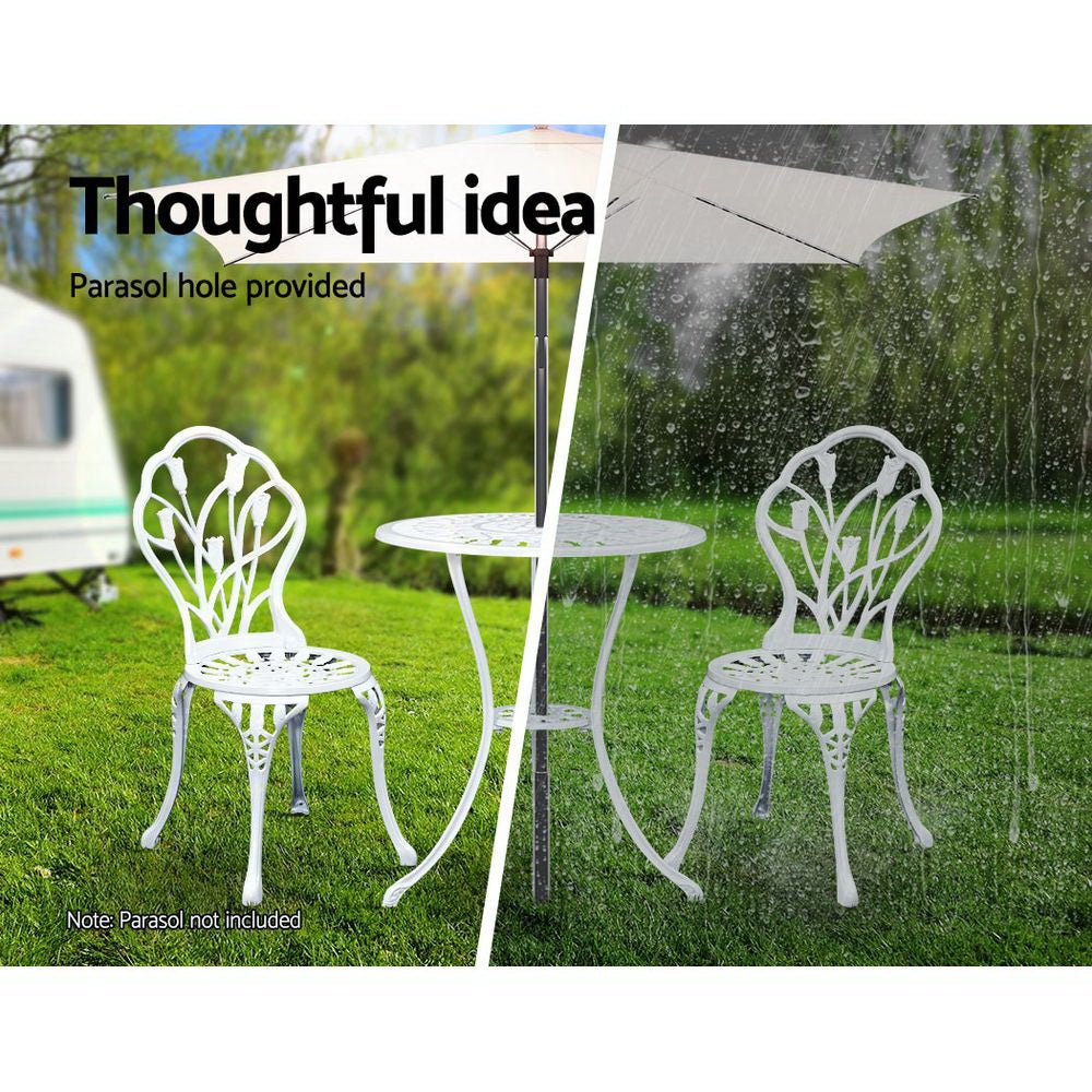 3-Piece Outdoor Bistro Set - White Tulip Cast Aluminum Patio Table and Chairs for Garden, Balcony & Backyard Dining | Weather-Resistant Patio Furniture