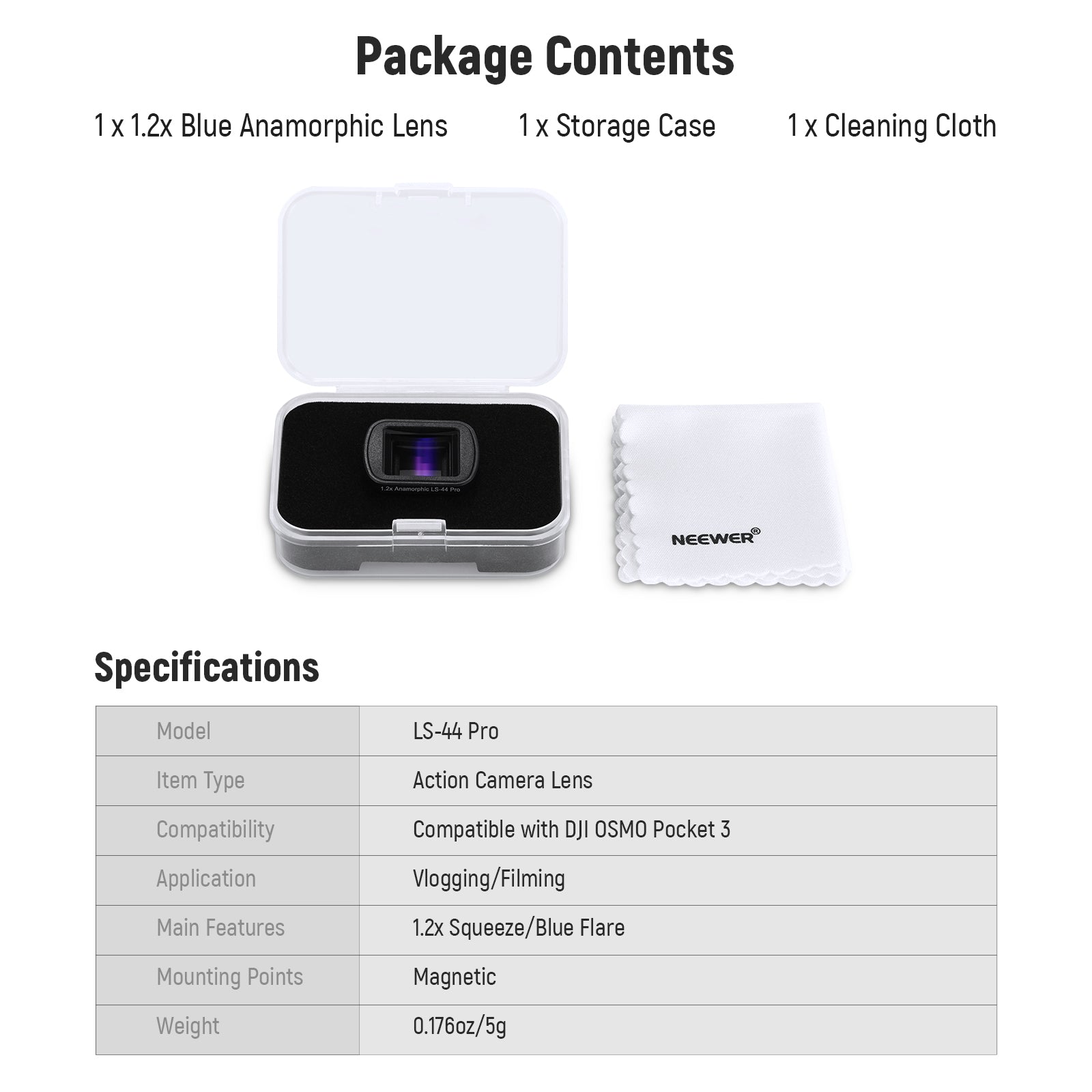 NEEWER LS 44 Pro 1.2X Blue Anamorphic Lens for DJI Osmo Pocket 3 - Wide Angle Cinematic Lens for Vlogging, Filmmaking & Content Creation