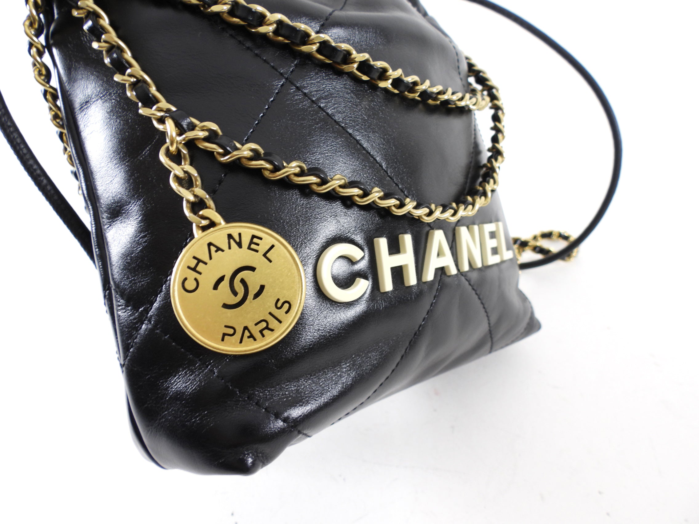 Chanel 2023 Black Leather Chain 22 Mini Bag with Ivory Enamel Logo - Luxury Designer Handbag for Women, Perfect for Evening Parties & Date Nights
