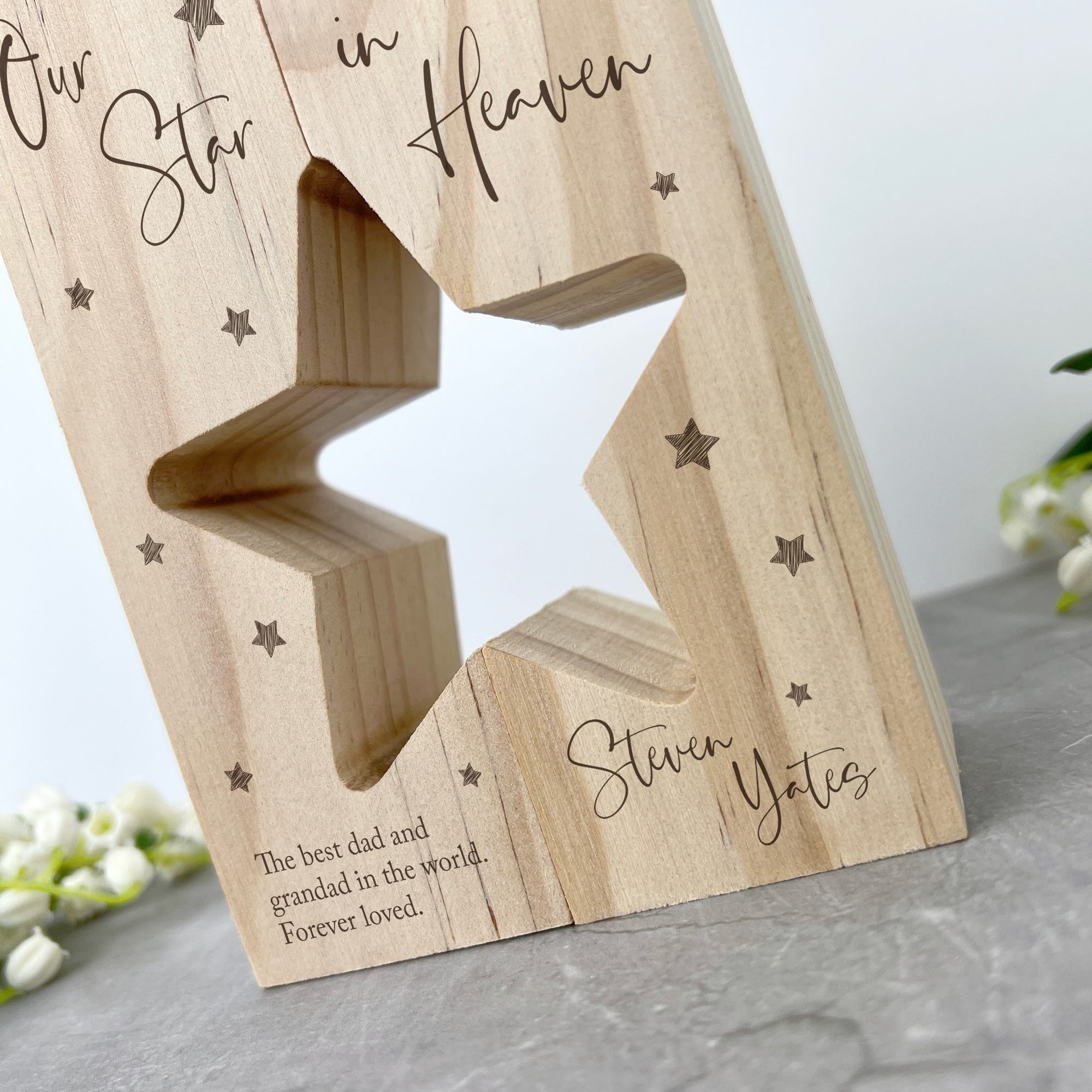 Personalized Solid Wood Memorial Star Tea Light Holders - Handcrafted Wooden Candle Holder for Memorial, Wedding, Home Decor & Special Occasions