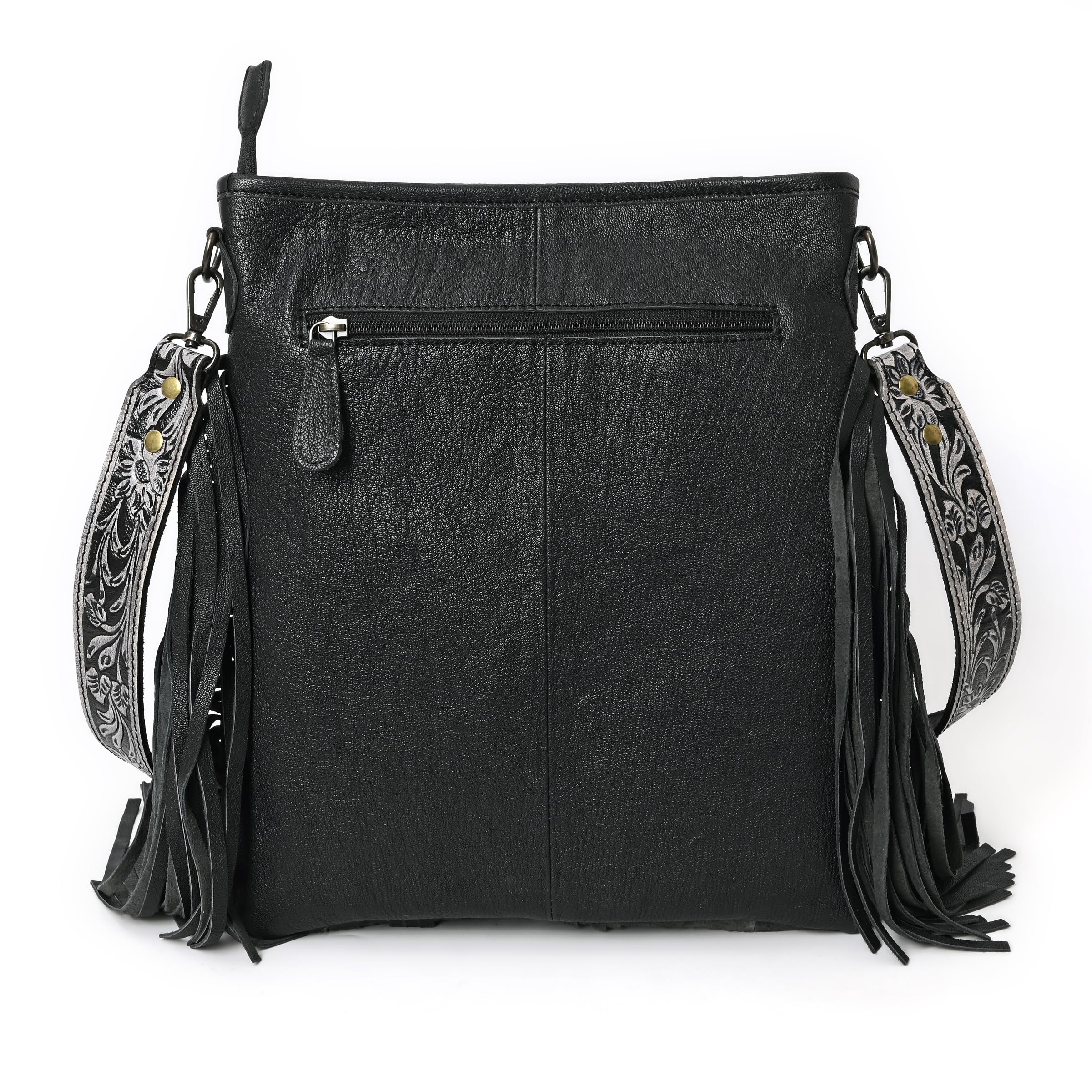 Handmade Berlin Fringed Shoulder Bag - Genuine Natural Cowhide Leather with Floral Hand Tooling Design - Perfect for Boho Fashion, Music Festivals & Everyday Use