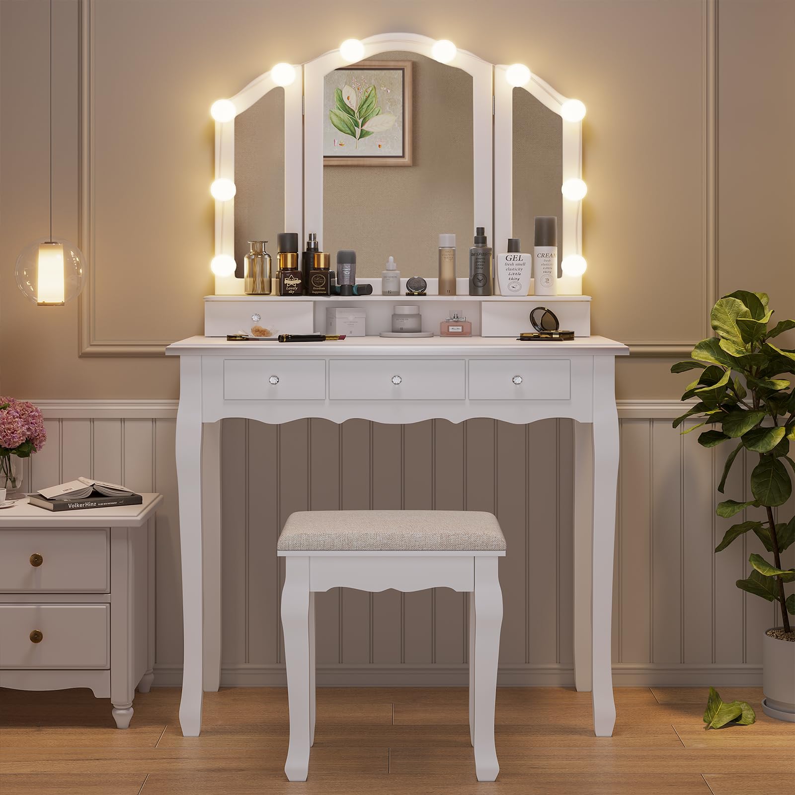 Tiptiper Makeup Vanity Set with LED Lights - White Vanity Desk with Lighted Mirror, Stool & 5 Drawers - 3 Light Modes & Adjustable Brightness for Bedroom, Dressing Room or Home Salon