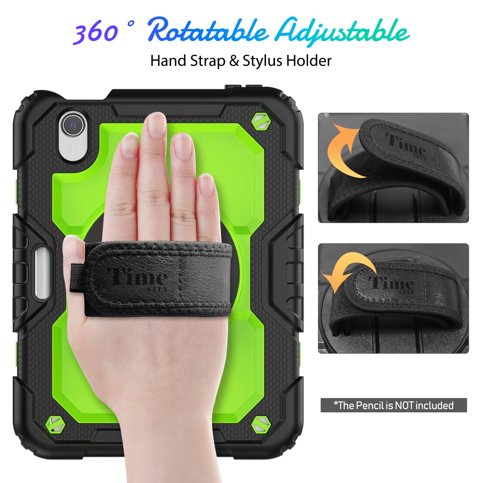 Timecity iPad Mini 7/6 Case with Screen Protector - 360° Rotating Stand, Pencil Holder & Adjustable Shoulder Strap - Shockproof Protective Cover for iPad Mini 7th/6th Generation 8.3