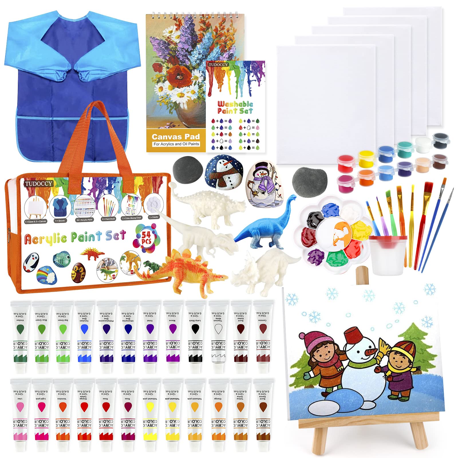 55-Piece Kids Acrylic Paint Set with Rock & Dinosaur Painting Kit - Washable Non-Toxic Art Supplies for Children's Crafts, Includes 24 Colors, Easel, Brushes & Canvas - Perfect for Birthday Gifts, Classroom Activities & Creative DIY Projects