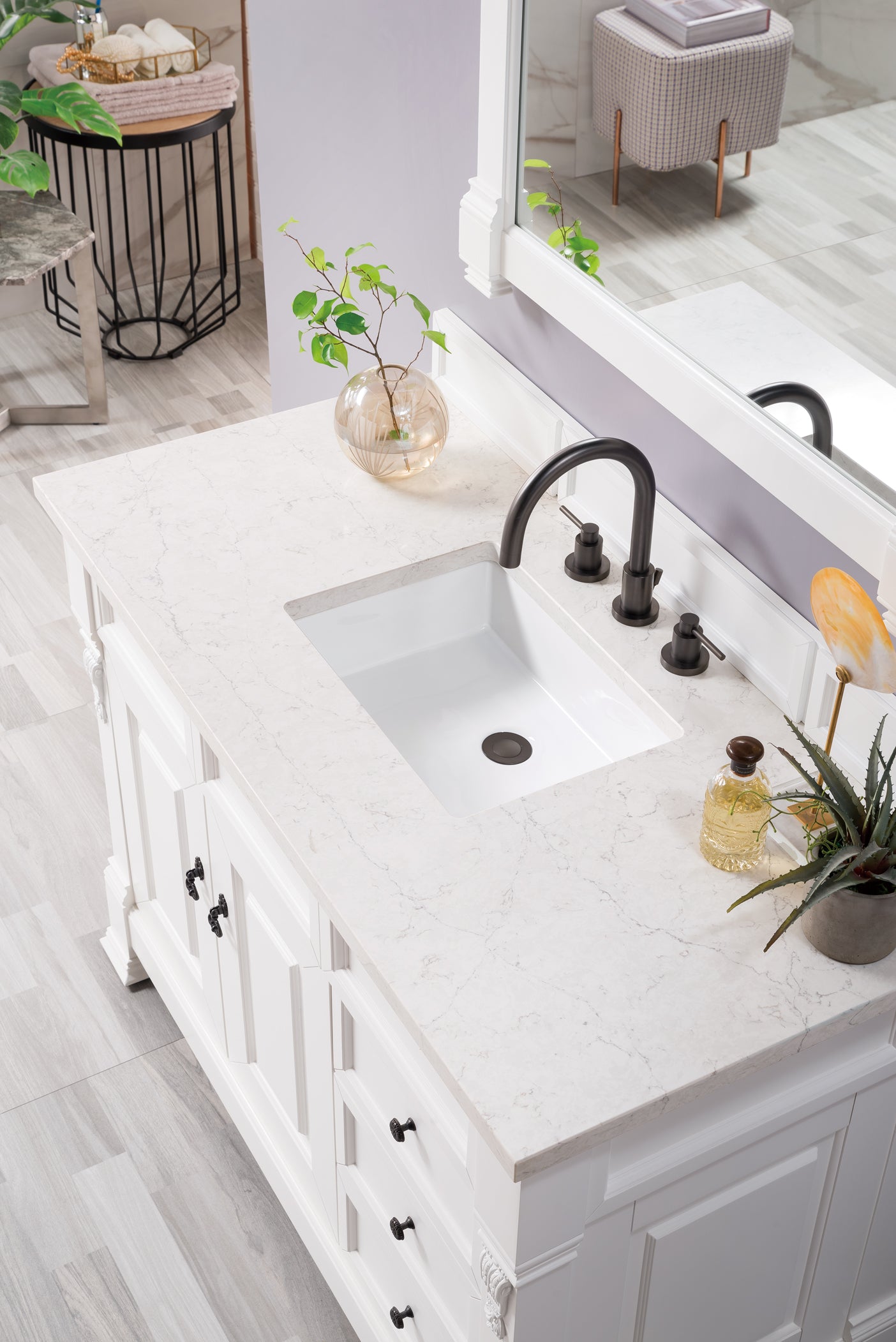 Brookfield 48 Inch Single Bathroom Vanity Set with Bright White Finish & 3CM Eternal Jasmine Pearl Quartz Countertop - Perfect for Modern Master Bathrooms & Guest Bathroom Renovations