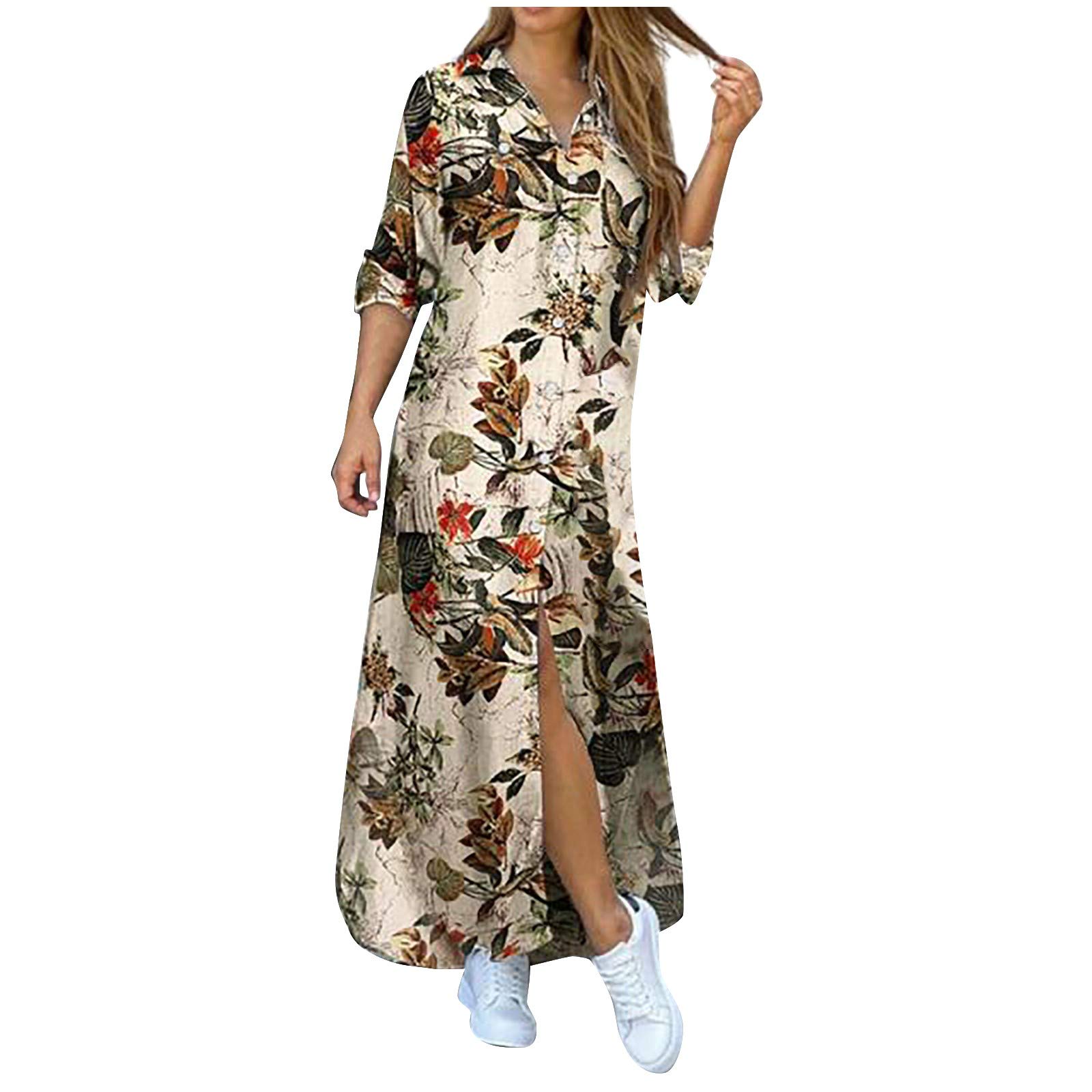 Women's Button Down Long Sleeve Loose Fitted Shirt Dress with Pockets - Casual Flowy Maxi Dress for Everyday Wear, Office, and Weekend Outings