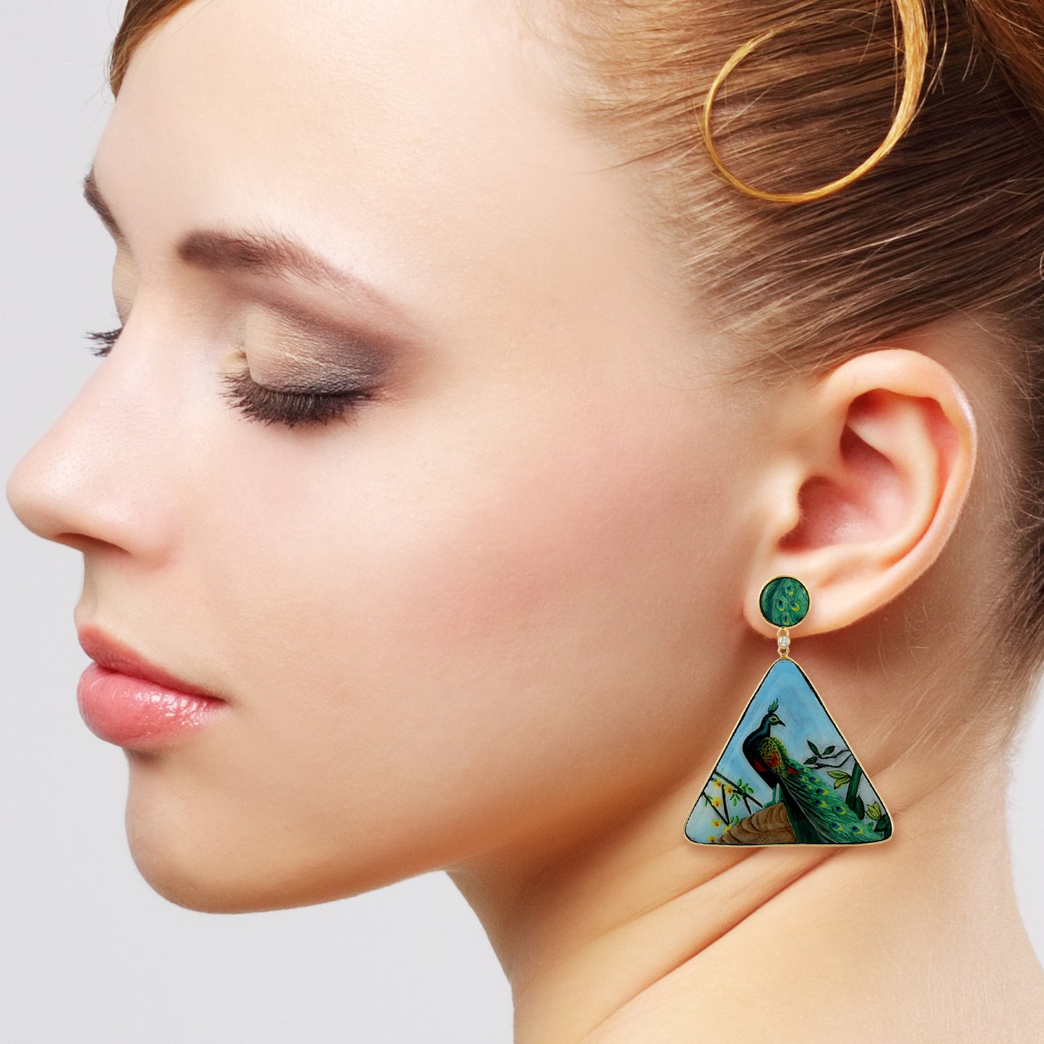 18K Yellow Gold Hand-Painted Bakelite Peacock Dangle Earrings with Prong-Set Diamonds | Vintage Style Jewelry for Women, Perfect for Parties, Weddings & Special Occasions