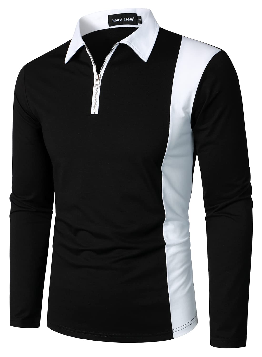 HOOD CREW Men's Long Sleeve Polo Shirts - Stylish Color Block Zipper T-Shirts for Casual Wear, Work & Outdoor Activities