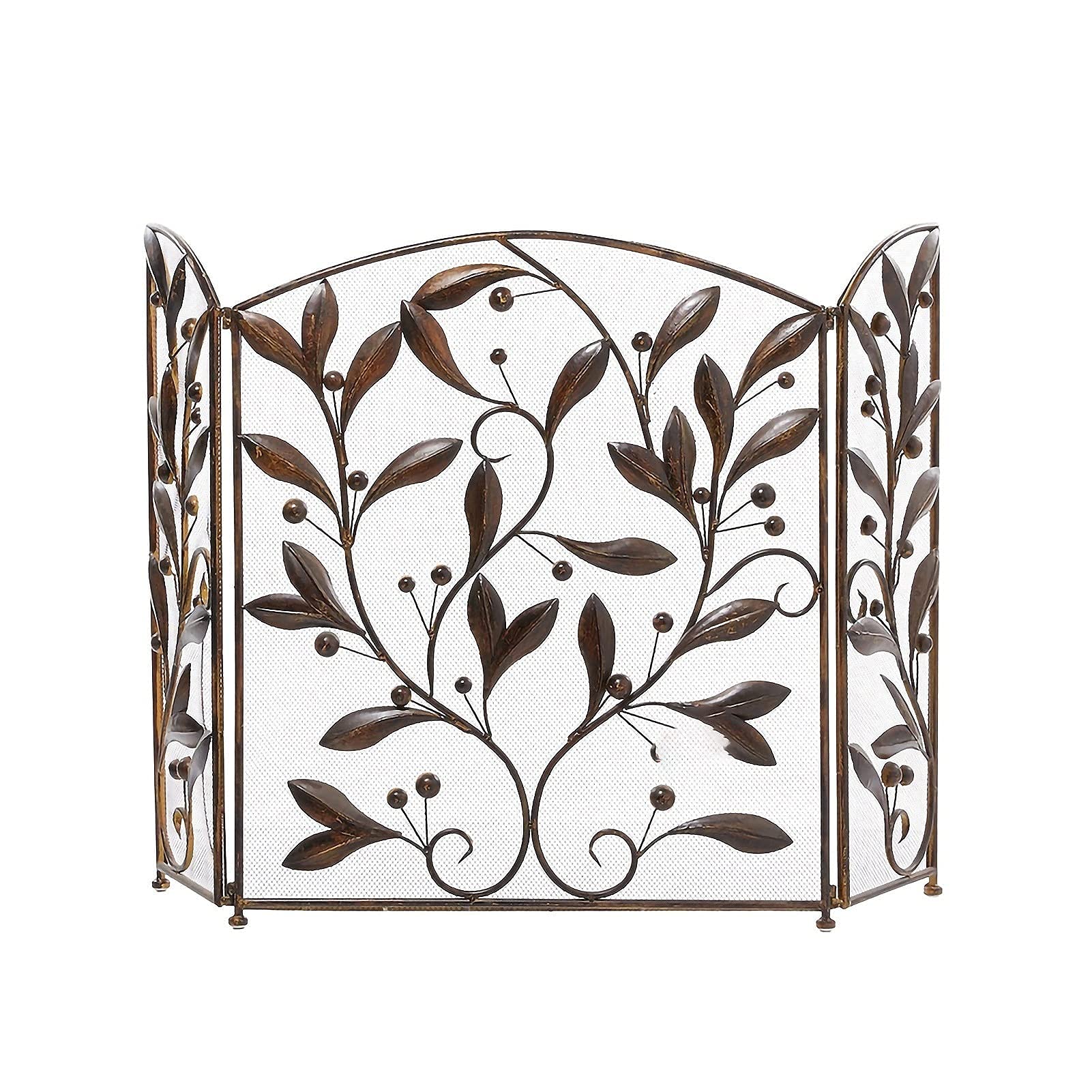 3-Panel Wrought Iron Fireplace Screen - Indoor/Outdoor Decorative Mesh Spark Guard for Fireplace Safety | Heat-Resistant Folding Fireplace Fence for Living Room, Patio, and Garden Use