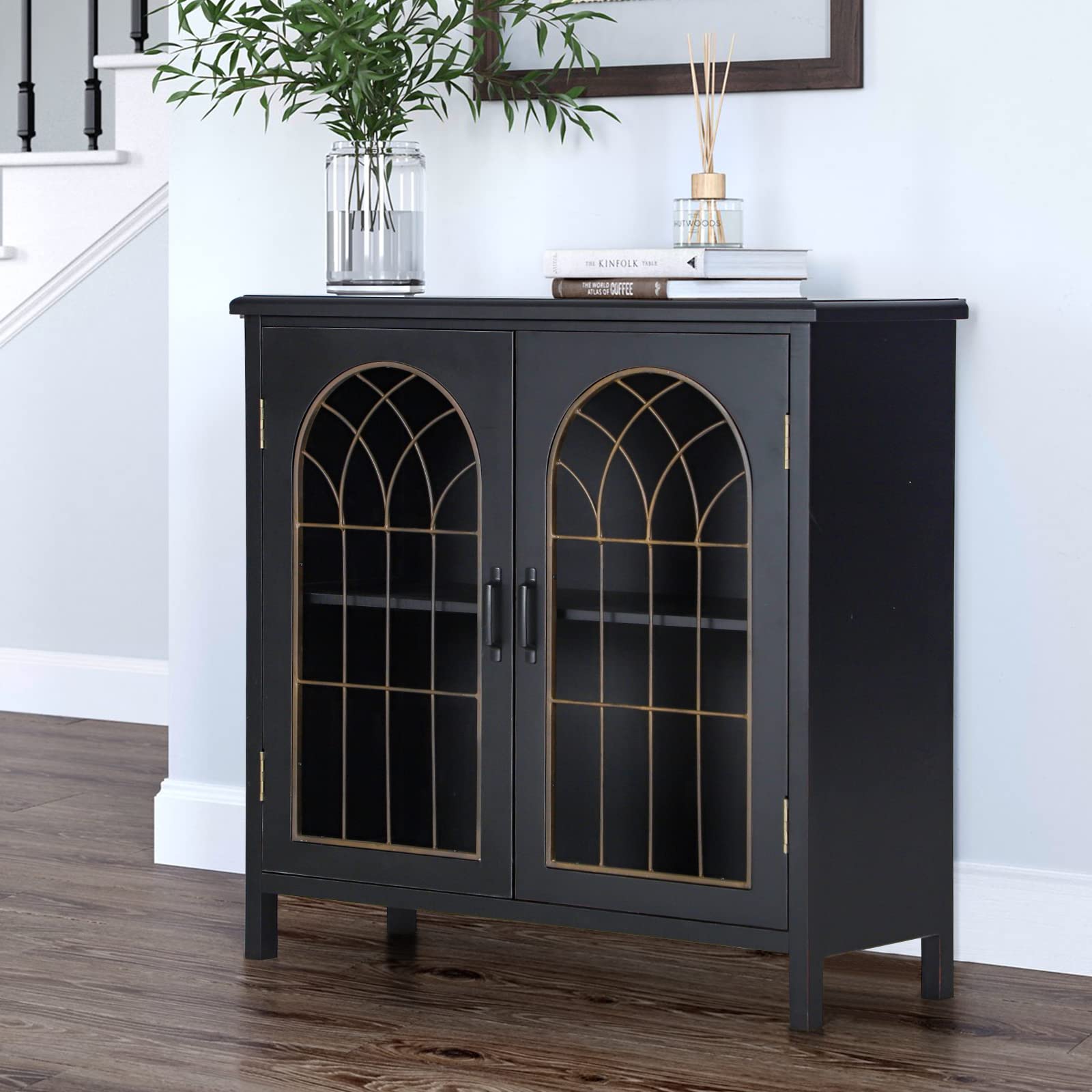 Sophia & William Distressed 2-Door Accent Cabinet with Metal Church Window Design - Entryway Storage Cabinet, Living Room Display Cabinet for Home Decor & Organization