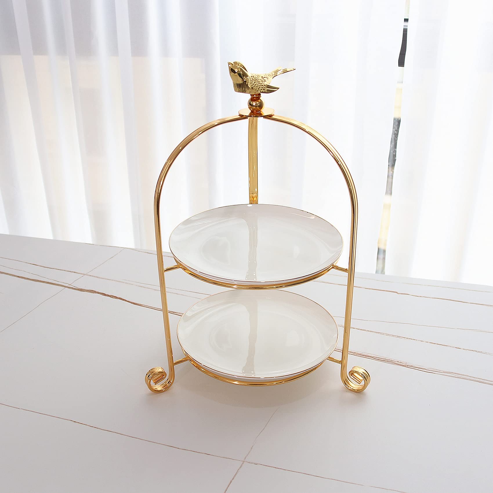 2 Tiered Cake Stand - Elegant Metal Dessert Display Stand for Tea Party, Wedding, or Afternoon Tea - Includes 2 White Bone China Plates with Gold Edges (Gold, 2 Tier) - Perfect for Birthday Parties, Bridal Showers & Special Events