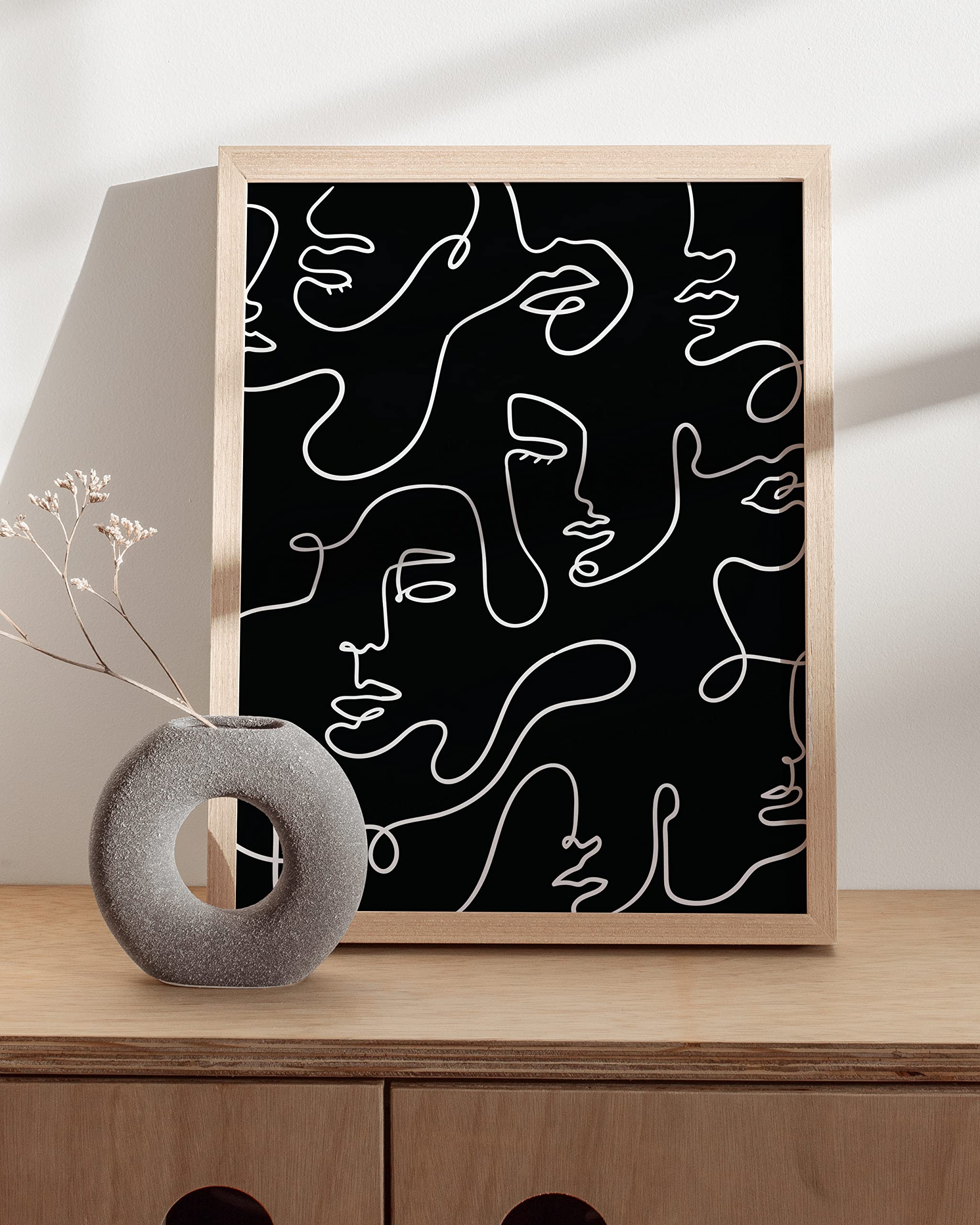HAUS AND HUES Abstract Line Art Wall Decor - Minimalist Picasso Style Drawing, Modern Boho Print, Unframed 12x16 Inches (Black Face Collage) - Perfect for Living Room, Bedroom & Office Decor