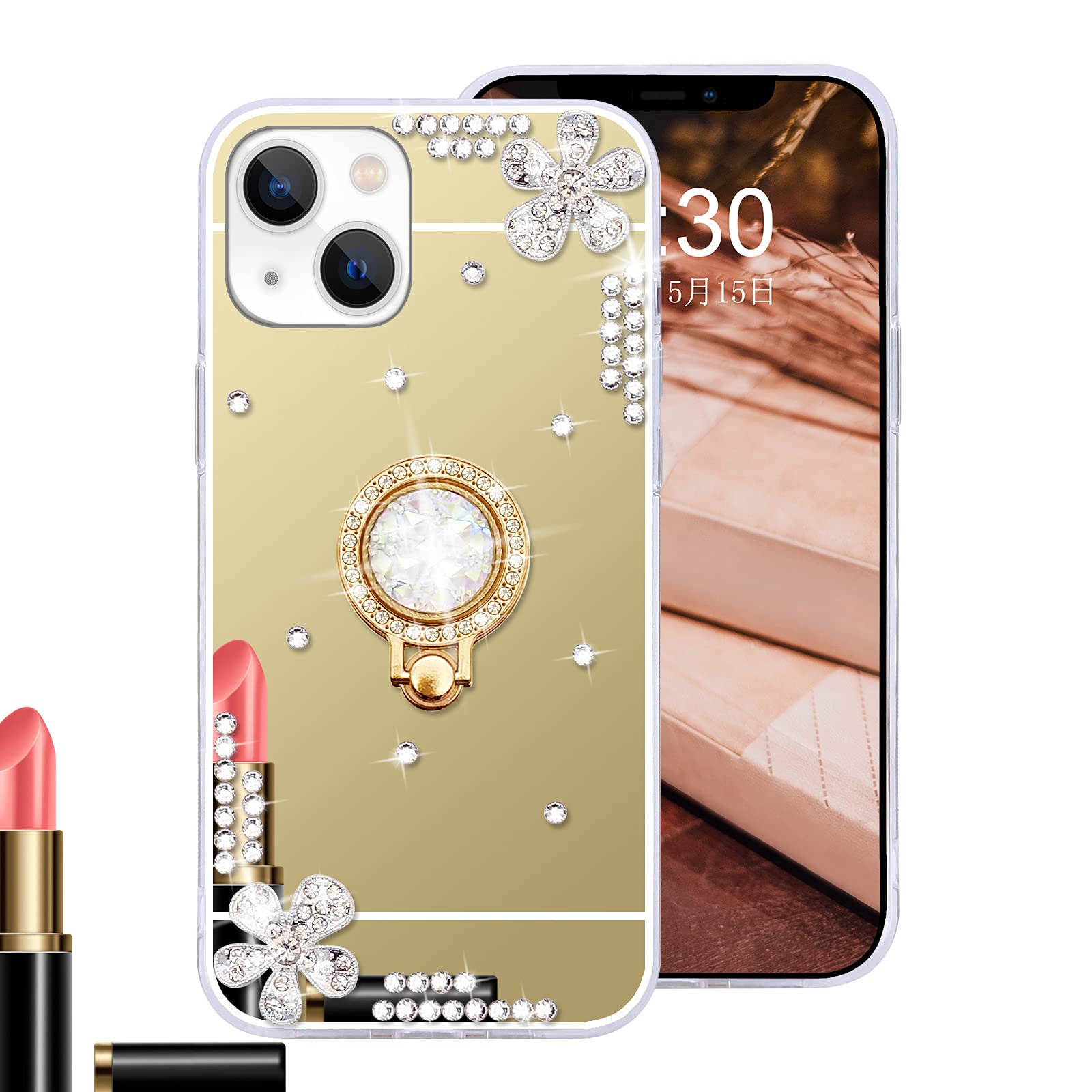 Omorro iPhone 13 Case with Makeup Mirror - Luxury Bling Glitter Rhinestone Cover with Shiny Crystal Diamond Ring Stand & Finger Grip - Cute Girly Phone Case for Women & Girls (Gold) - Perfect for Selfies, Makeup Touch-ups & Daily Use