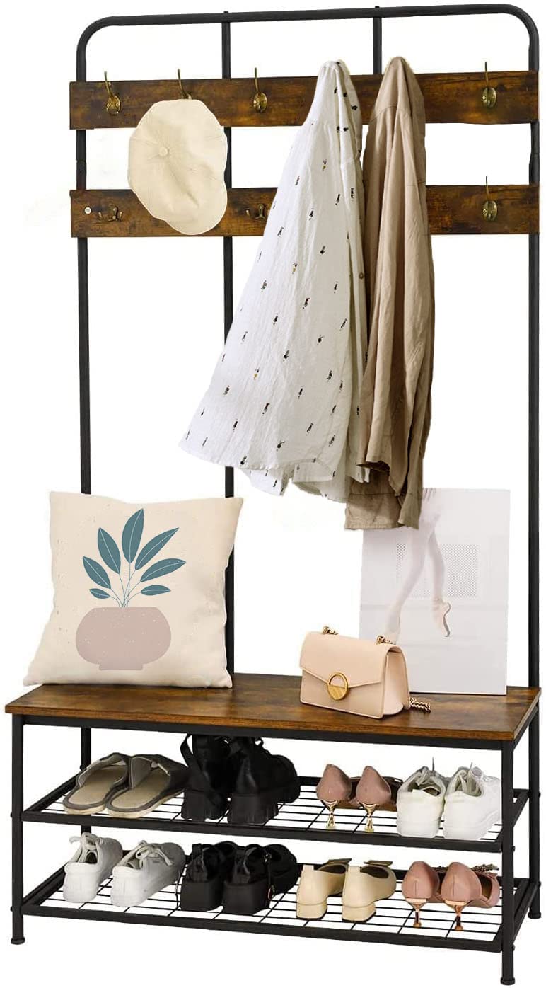 QCen 72 Inch Industrial Hall Tree Entryway Bench with Coat Rack & Shoe Storage - Wood Look Accent Furniture with 12 Hooks & Metal Frame - Perfect for Mudroom, Foyer & Small Space Organization